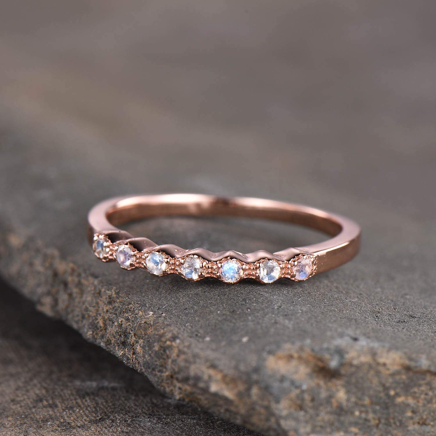 Moonstone Ring for Women - 925 Sterling Silver & Rose Gold Wedding Band, Handmade Art Deco Stacking Ring - Perfect Anniversary Gift for Her, Elegant Jewelry for Everyday Wear & Special Occasions