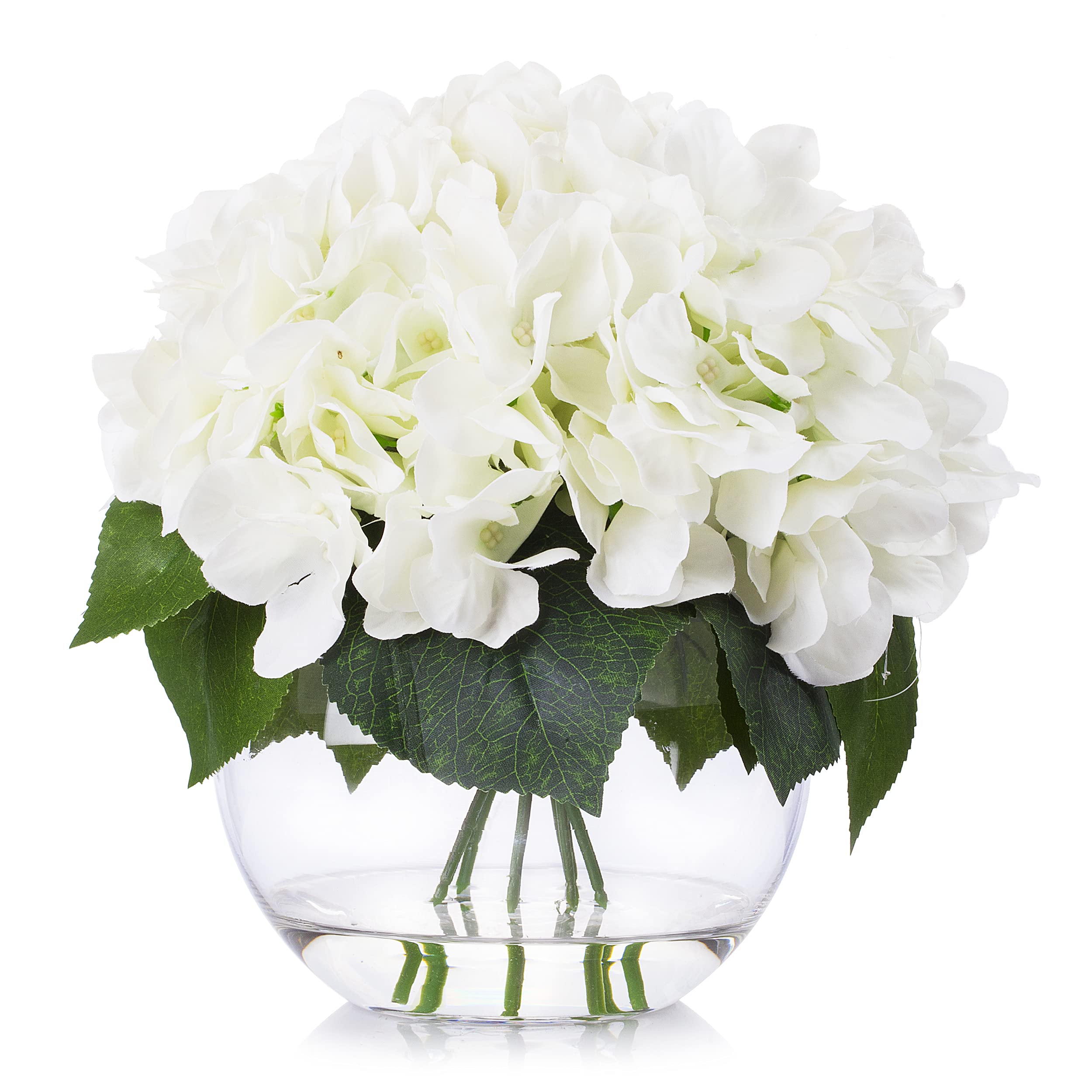 ENOVA Home Cream Hydrangea Artificial Flower Arrangement in Clear Glass Vase with Faux Water - Elegant Home & Office Decor for Living Room, Dining Table, Wedding Centerpiece (Cream)