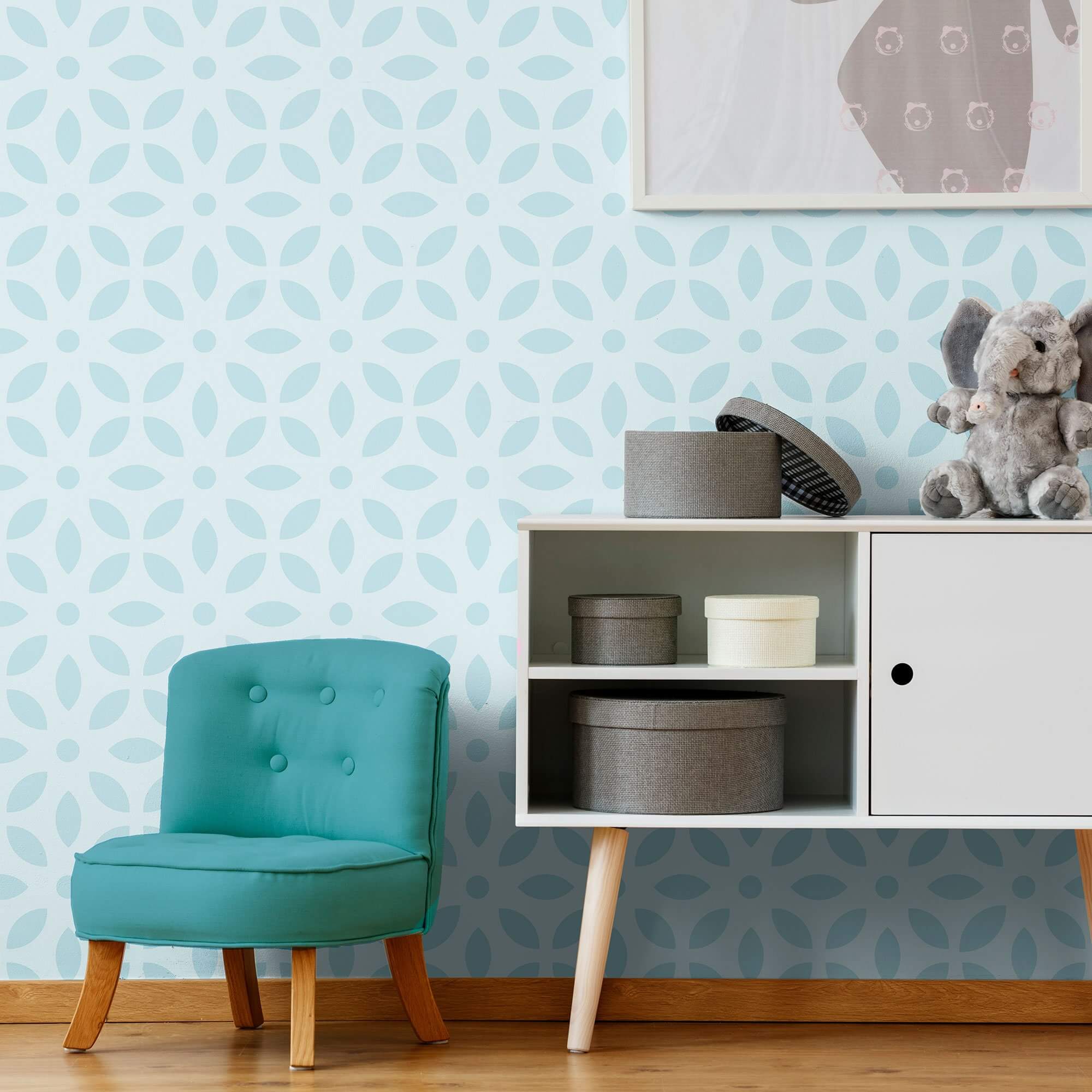 Blue Floral Geometric Peel and Stick Removable Wallpaper - Self-Adhesive Decorative Wall Covering for Bedroom, Living Room, Nursery & Office Decor