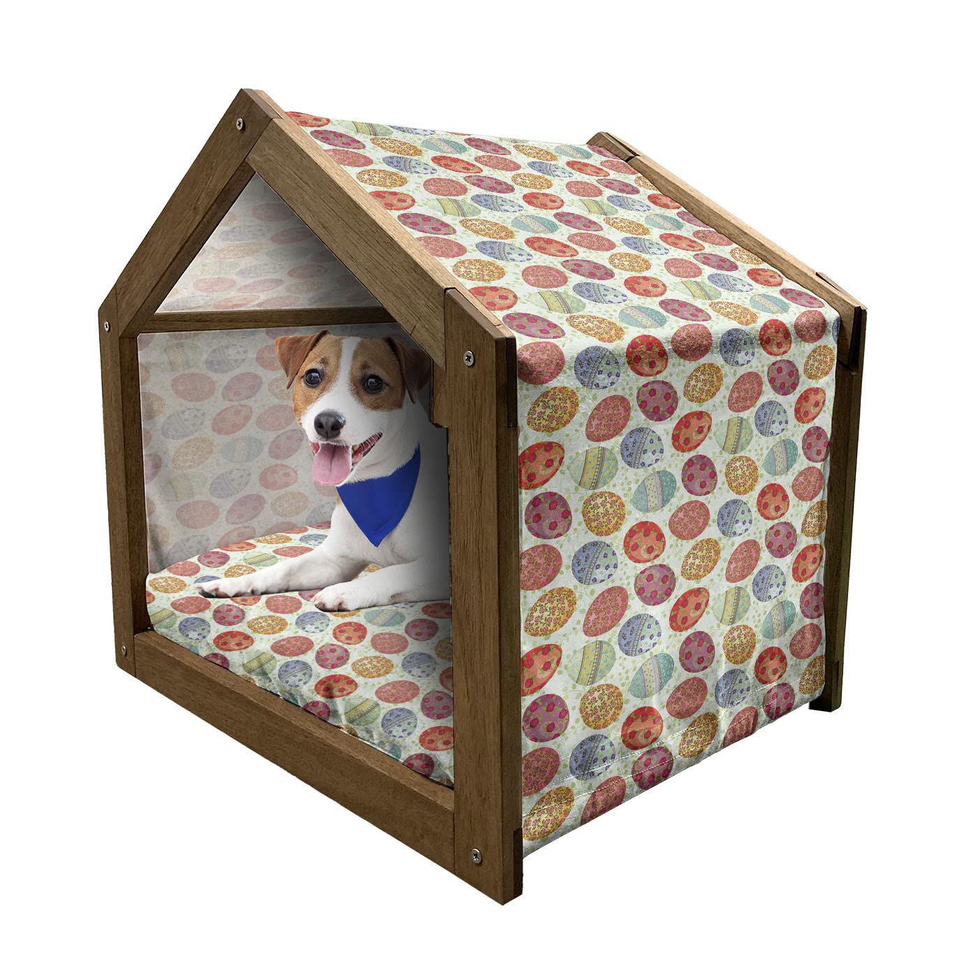 Ambesonne Easter Wooden Pet House - Vintage Floral Painted Eggs Design on Green Leafy Branches, Indoor/Outdoor Portable Dog Kennel with Pillow & Cover, Medium Size, Multicolor - Perfect for Easter Decorations, Pet Comfort & Seasonal Home Decor