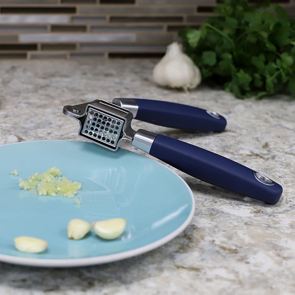 Premium Stainless Steel Garlic Press - Easy Squeeze & Clean, Rust-Resistant Kitchen Tool for Mincing Garlic, Ginger & Herbs - Perfect for Cooking, Baking & Meal Prep - Home Basics KT37236, Indigo