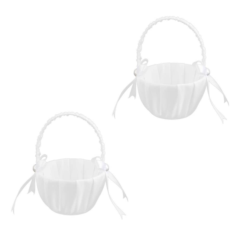 Homoyoyo 2-Piece White Satin Wedding Flower Girl Baskets with Handles - Elegant Cute Floral Baskets for Wedding Ceremony, Bridal Shower, Party Decorations & Flower Petal Scattering