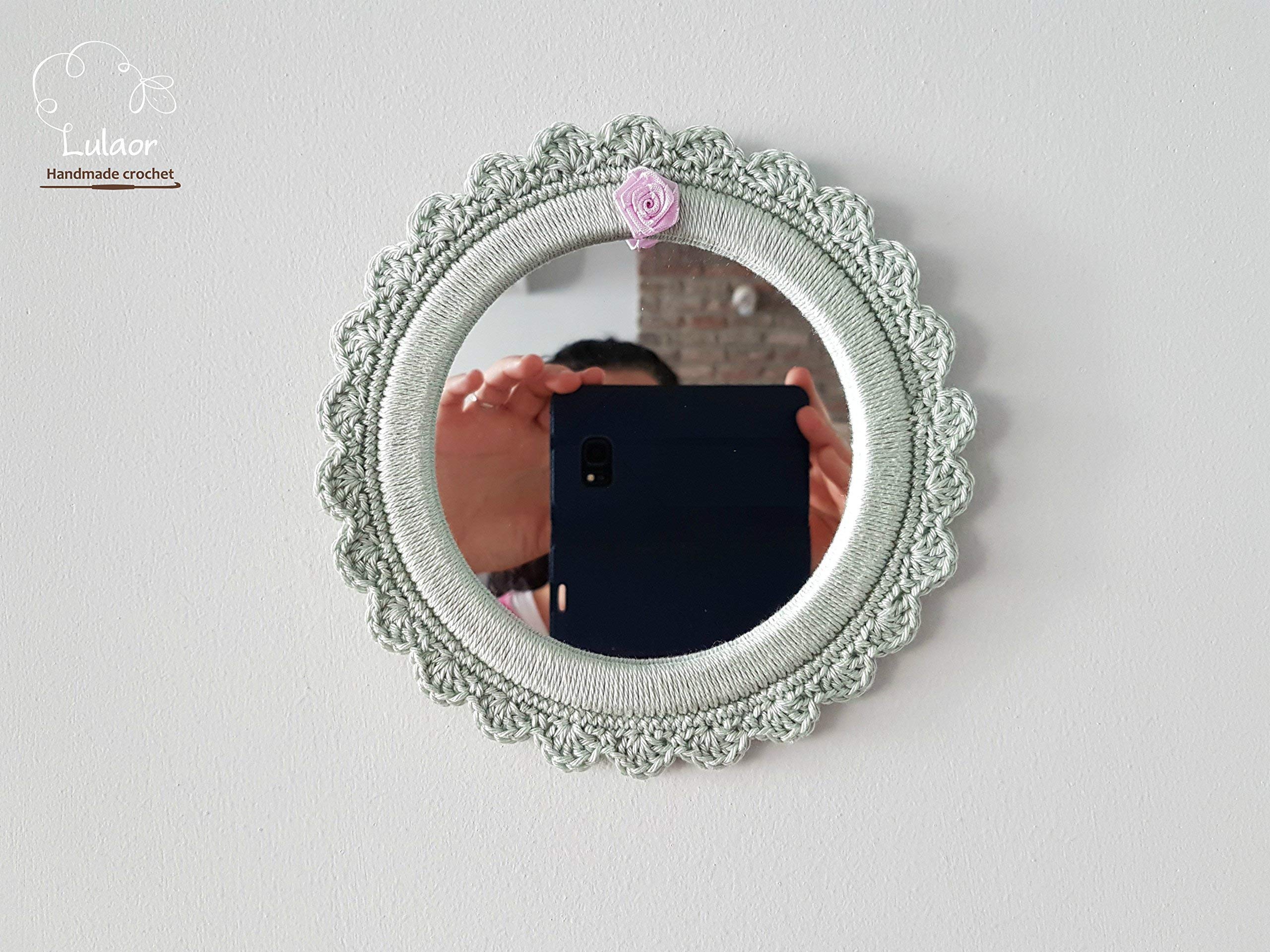 Handmade Crochet Round Mirror - Small Green Decorative Wall Mirror for Boho Home Decor, Bedroom, Living Room, or Nursery