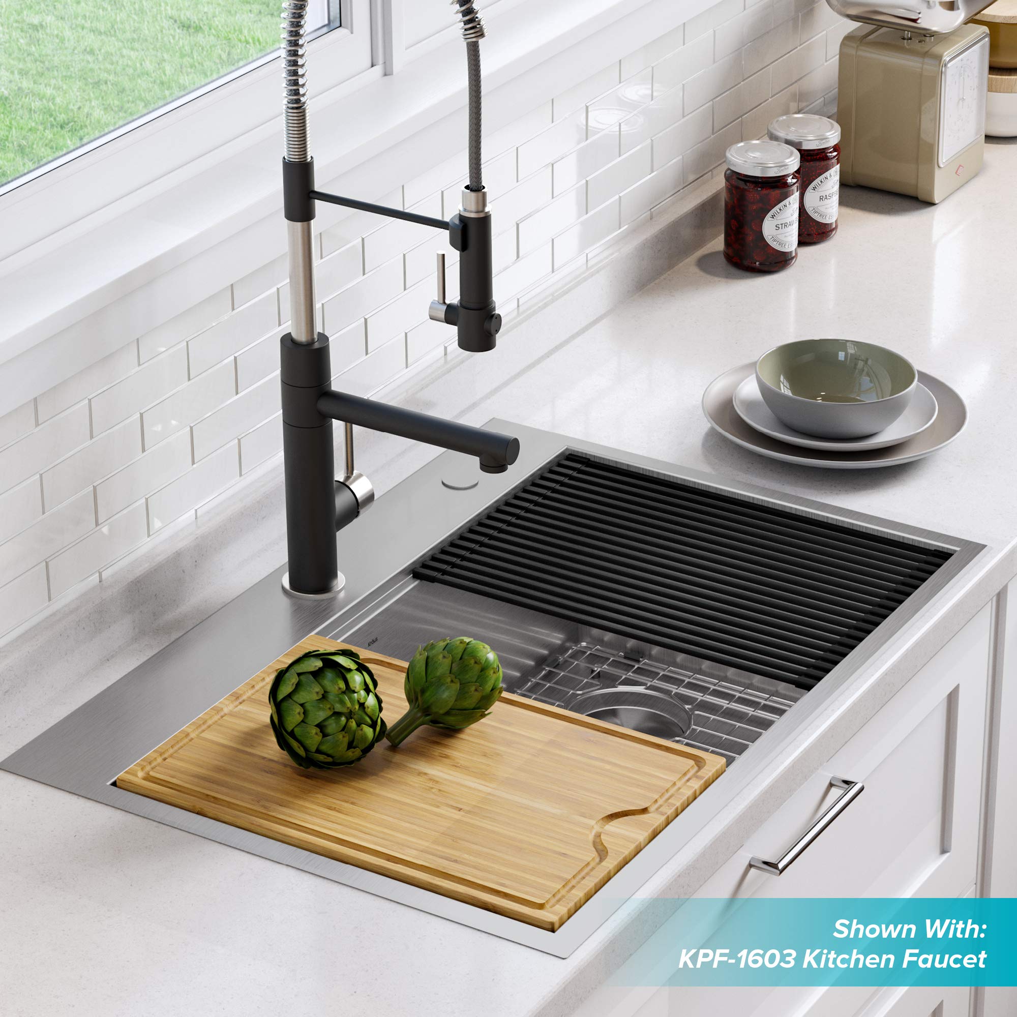 KRAUS Kore 30-inch Drop-In 16 Gauge Stainless Steel Single Bowl Kitchen Sink with WasteGuard Garbage Disposal & Accessories (5-Pack) - Perfect for Modern Kitchens, Restaurants & Food Prep Areas