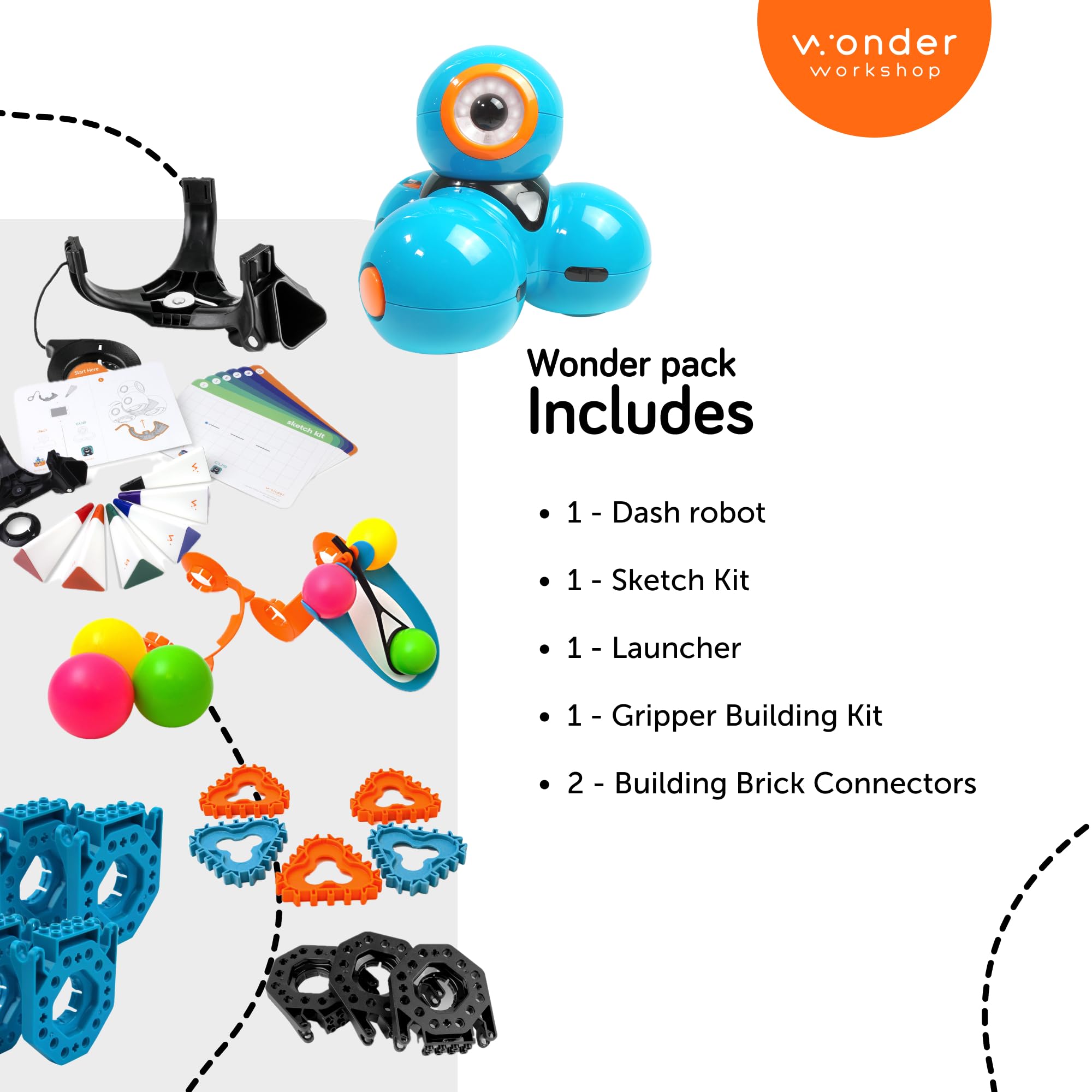 Dash Robot Wonder Pack – STEM Coding Educational Bundle for Kids Ages 6+ | Learn Programming with Free Apps & Video Tutorials | Includes Launcher Toy, Sketch Kit for Drawing & Gripper Building | Perfect for Classroom Learning & Home STEM Activities