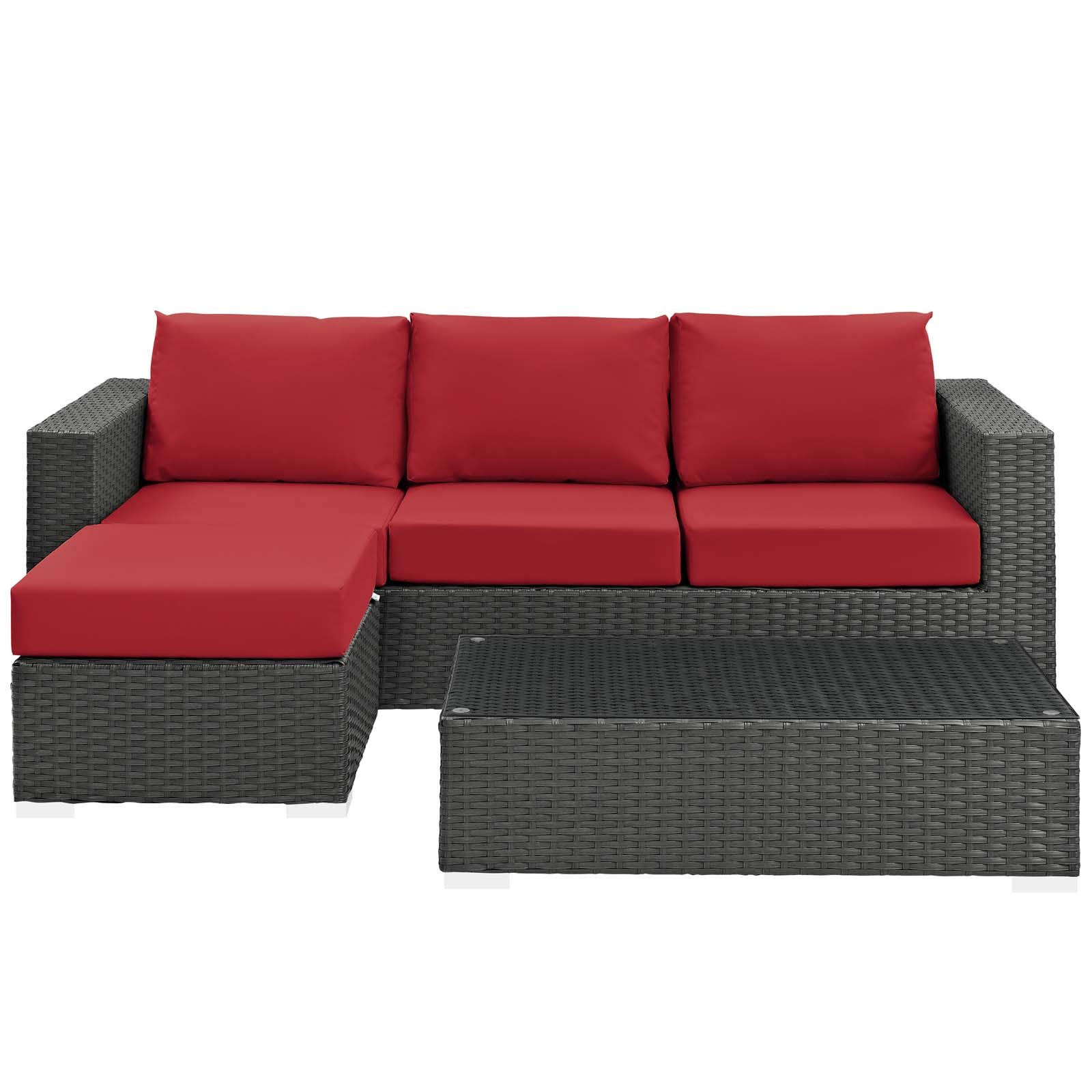 Modway Sojourn 3-Piece Wicker Rattan Outdoor Patio Sectional Set with Sunbrella Cushions in Canvas Red - Perfect for Backyard, Poolside & Garden Relaxation