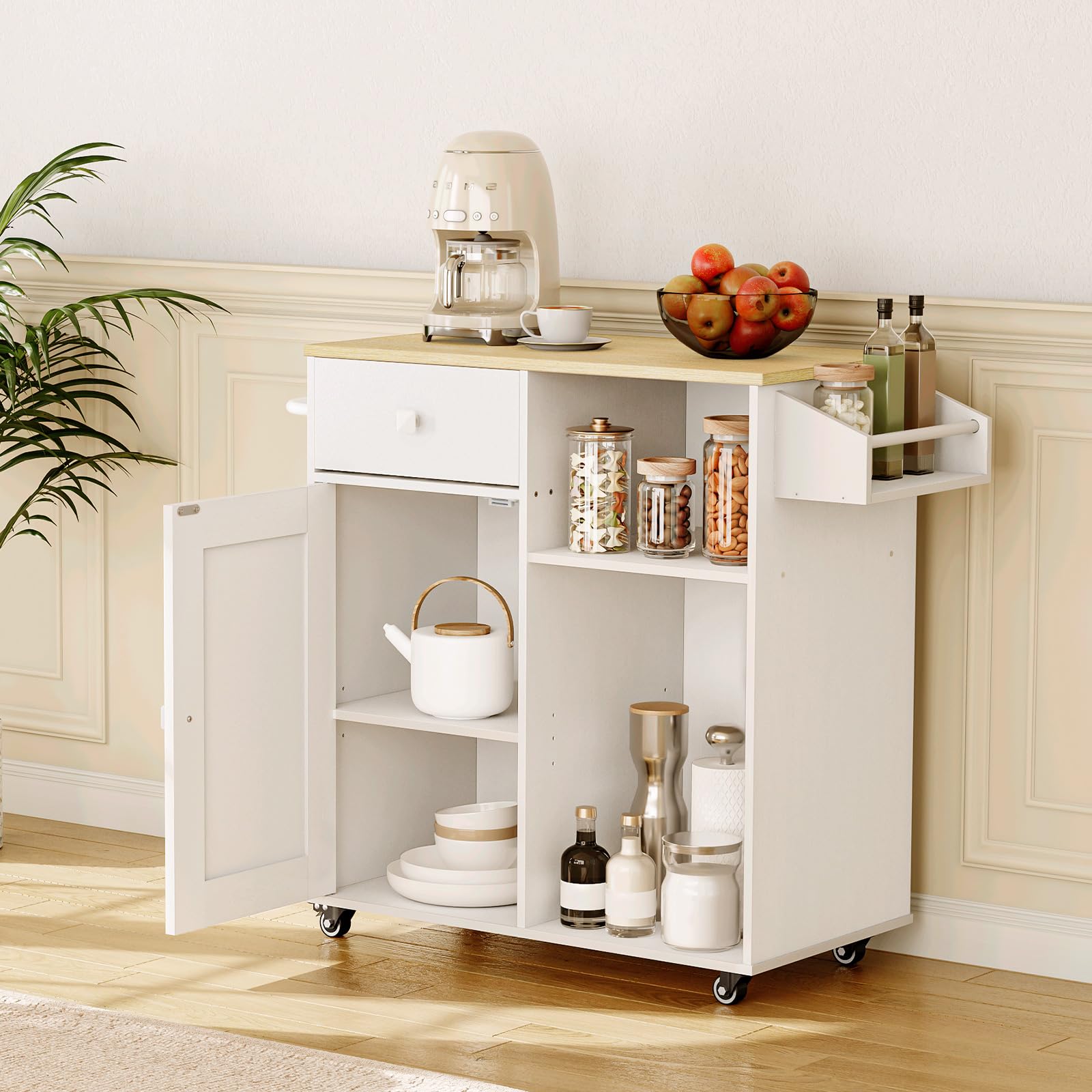 HOOBRO White and Natural Kitchen Island with Storage Cabinet, Drawers, Spice & Towel Rack - Space Saving Kitchen Cart for Small Spaces, Easy Assembly - Perfect for Cooking, Dining & Living Room Organization (Model WN12ZD01)