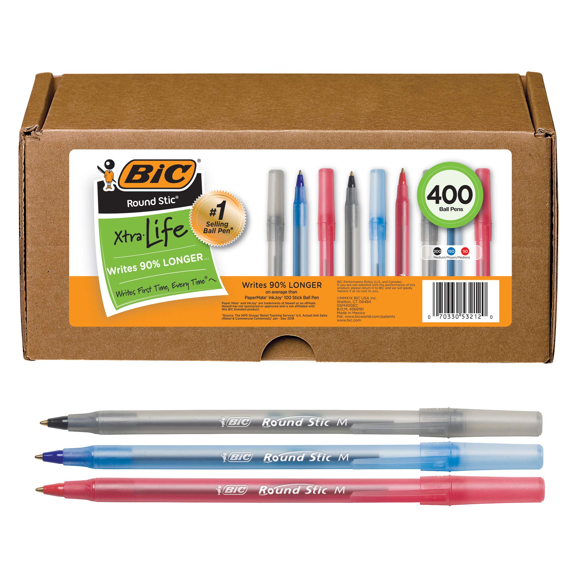 BIC Round Stic Xtra Life Ballpoint Pens - 1.0mm Medium Point, Black Red Blue Ink, 400-Pack Bulk Office & School Supplies for Writing, Note-Taking & Everyday Use