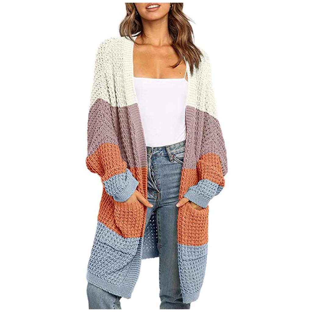 Boho Knit Patchwork Open Front Cardigan for Women - Long Sleeve Sweater with Pockets | Perfect for Fall Layering, Casual Outfits & Coffee Dates