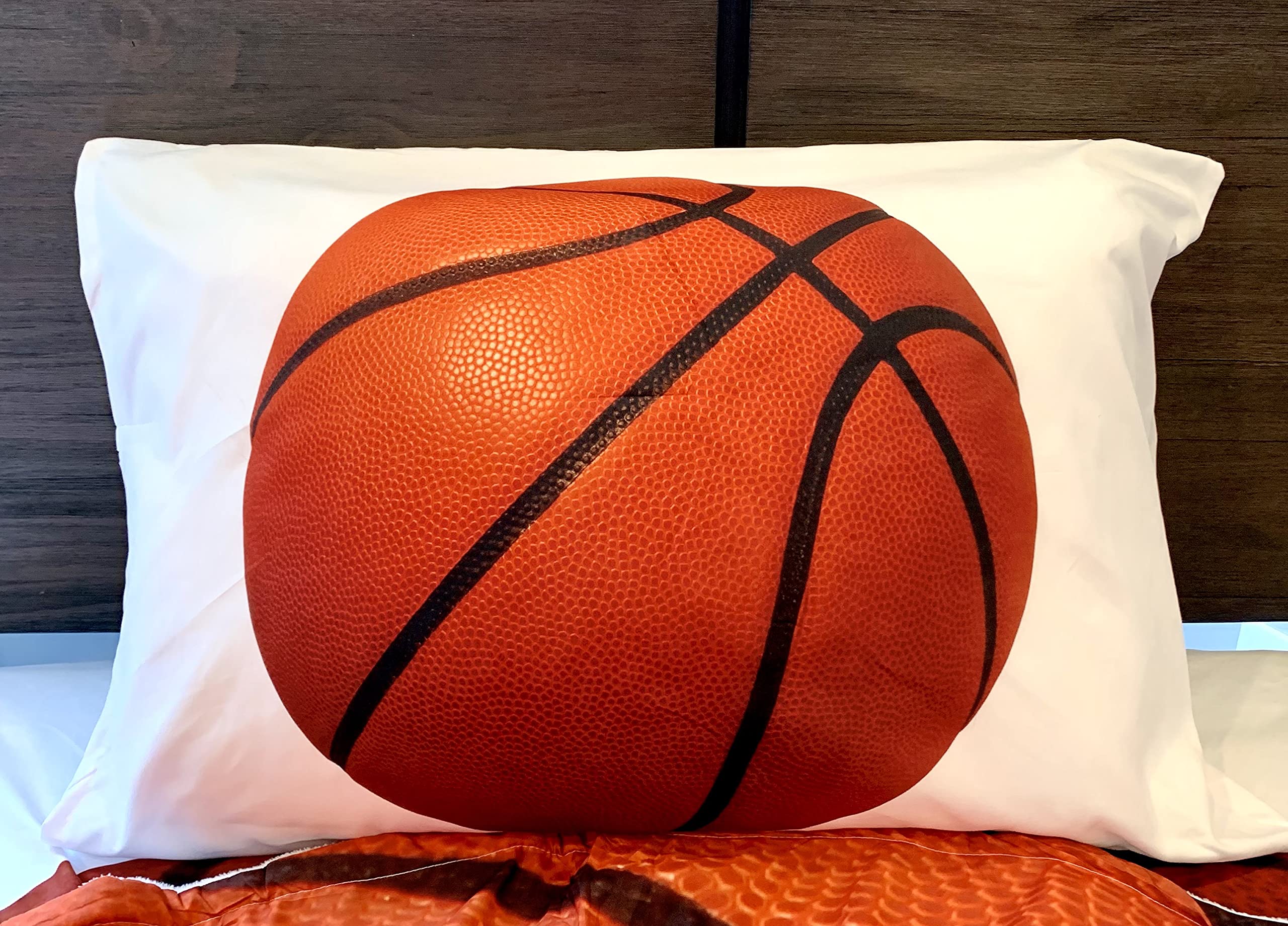 5-Piece Kids Basketball Full Bed Set - Round Comforter, 2 Pillowcases, Sheet Set & Soft Microfiber Flannel Blanket | Perfect for Boys' Bedroom, Sports Theme Decor & Gift for Young Basketball Fans