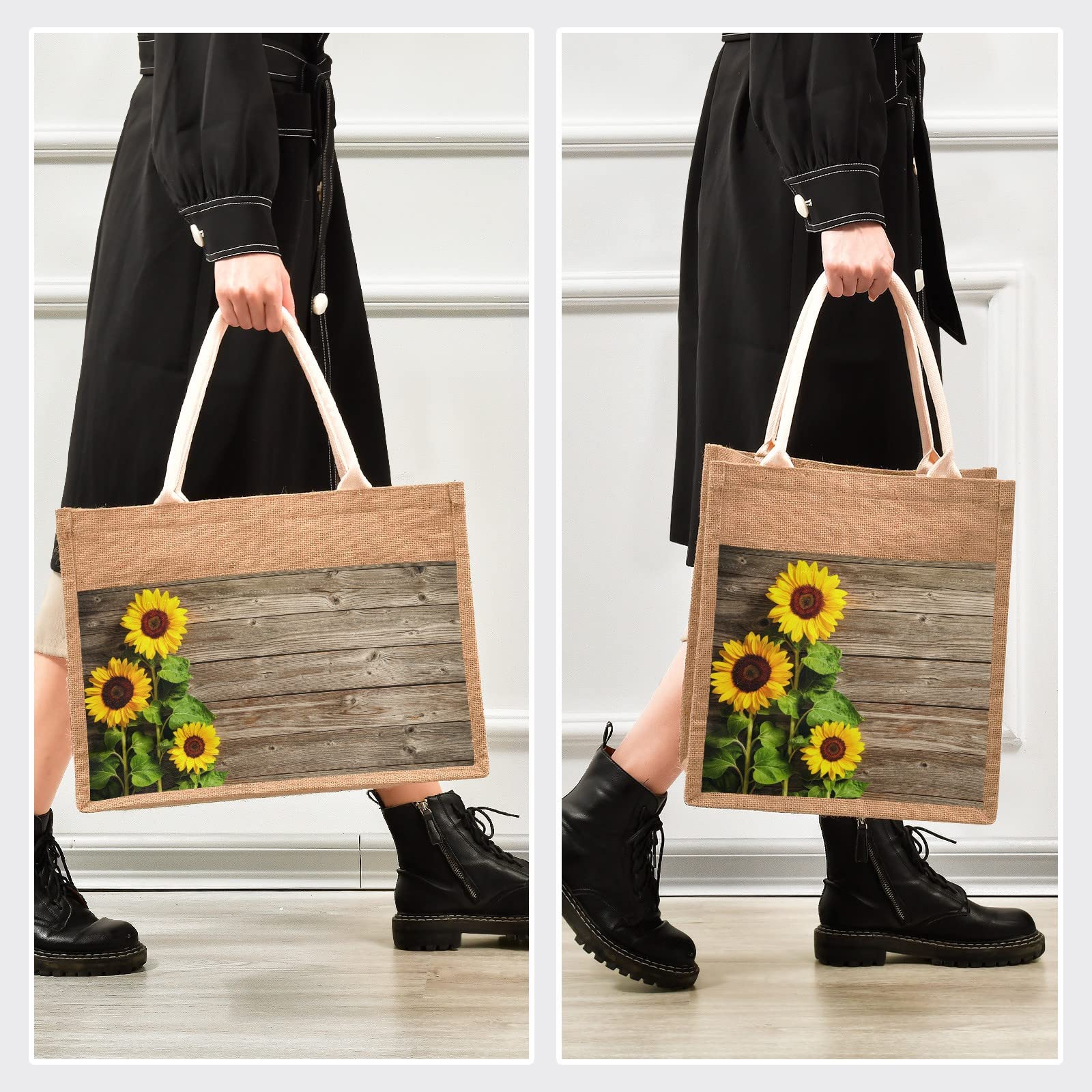 CaTaKu Eco-Friendly Sunflower Print Jute Tote Bag with Zipper Closure & Canvas Pocket - 13x14 Inch Reusable Grocery Shopping Bag for Women, Beach, Travel & Farmers Market
