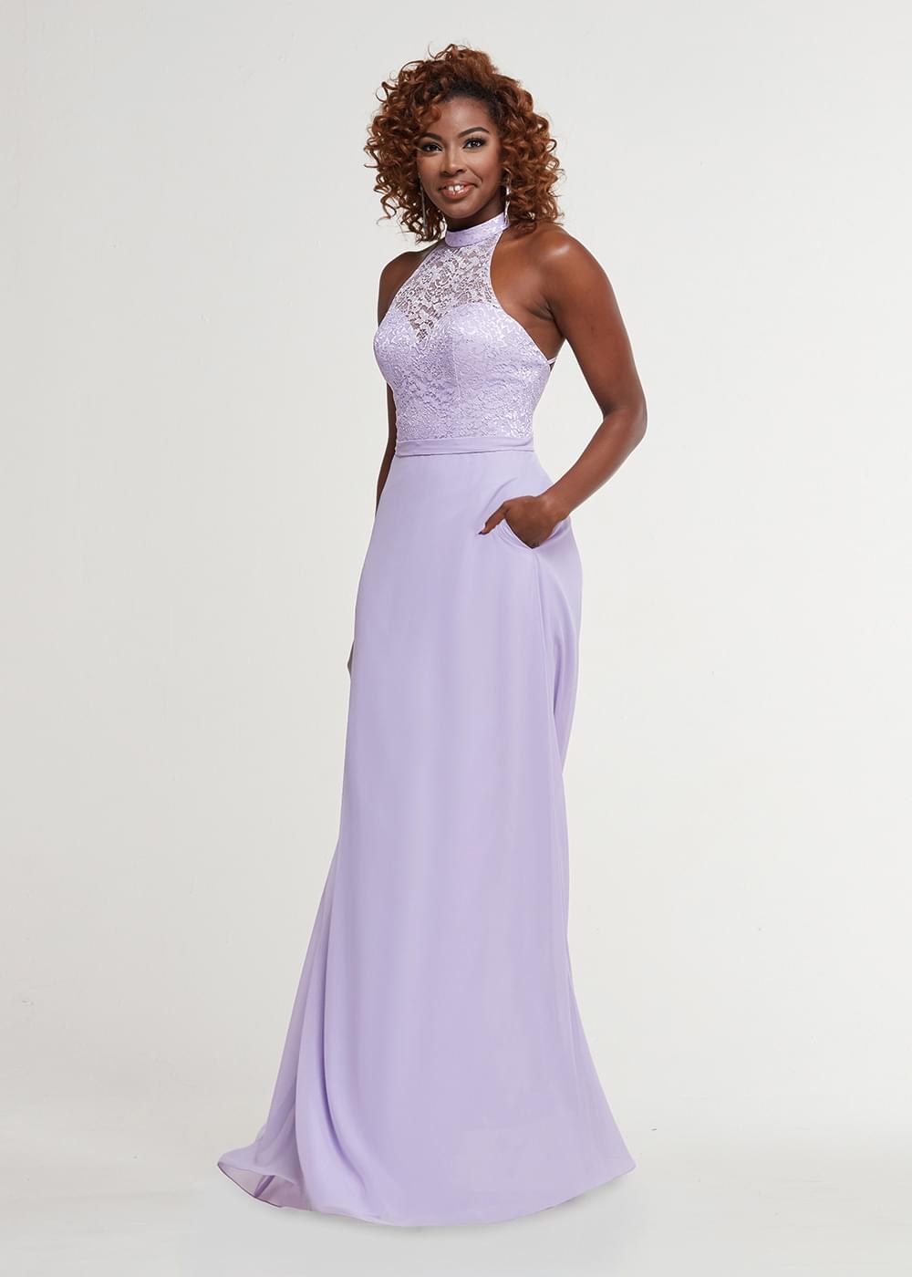 Elegant 80165 Chiffon A-Line Bridesmaid Dress with Lace Halter Neckline - Perfect for Weddings, Formal Events & Special Occasions