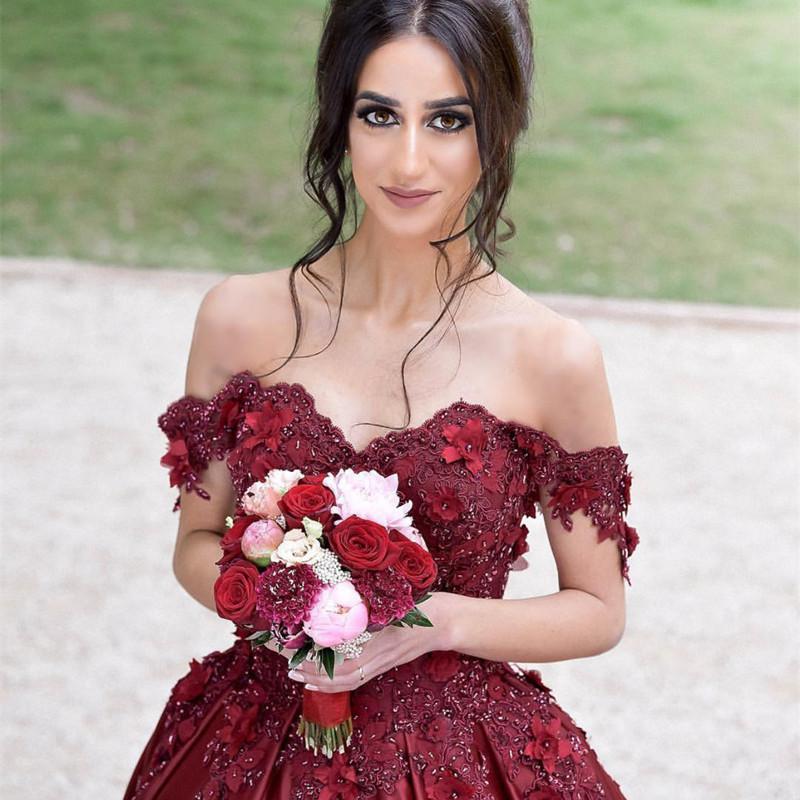 Elegant Burgundy Satin Ball Gown Wedding Dress - Off-the-Shoulder Design for Brides, Prom & Formal Events
