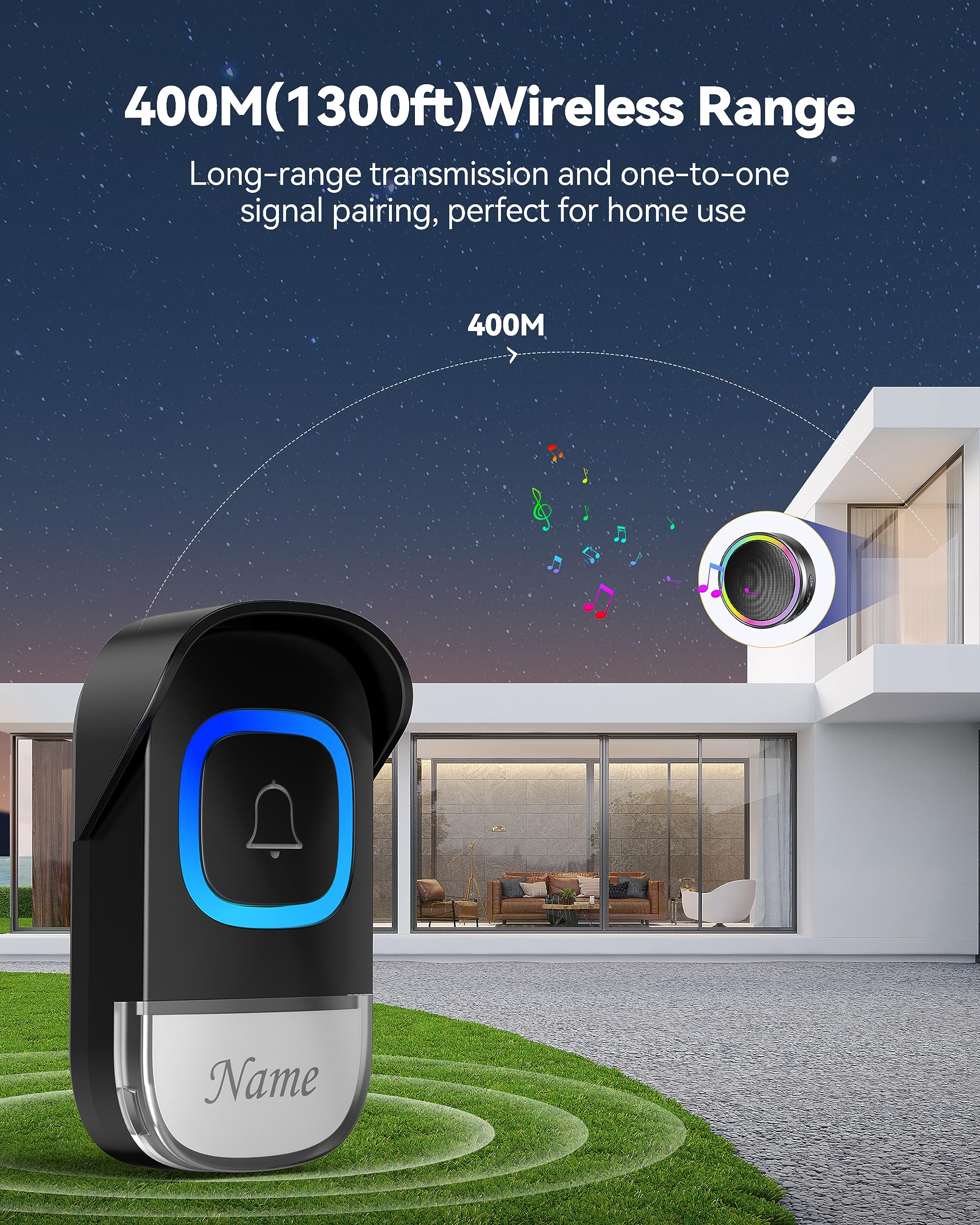 TECKNET 2-in-1 Wireless Doorbell with Bluetooth Speaker - Portable RGB Light Doorbell, IP66 Waterproof, 0-100dB Adjustable Volume, Stereo Sound - Perfect for Home Security, Outdoor Parties & Smart Home Integration
