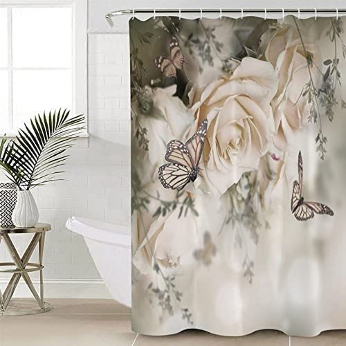 Waterproof Fabric Shower Curtain Liner with Rose Flower & Butterfly Design - 180x180cm Bathroom Decor for Home, Spa & Hotel Use