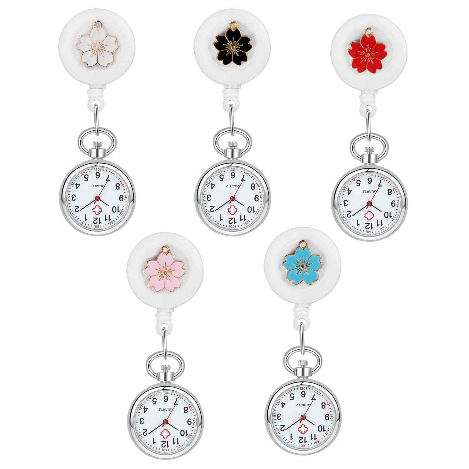 Lancardo Retractable Nurse Watch with Second Hand - Cherry Blossom Pattern for Medical Professionals - Clip On & Stethoscope Ready