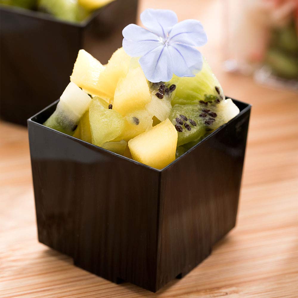 Restaurantware 3oz Mini Dessert Cups - 100-Pack Square Small Appetizer Cups | Heavy-Duty Disposable Black Plastic Parfait Cups for Mousse, Pudding, Snacks & Samples | Perfect for Weddings, Parties & Catering Events