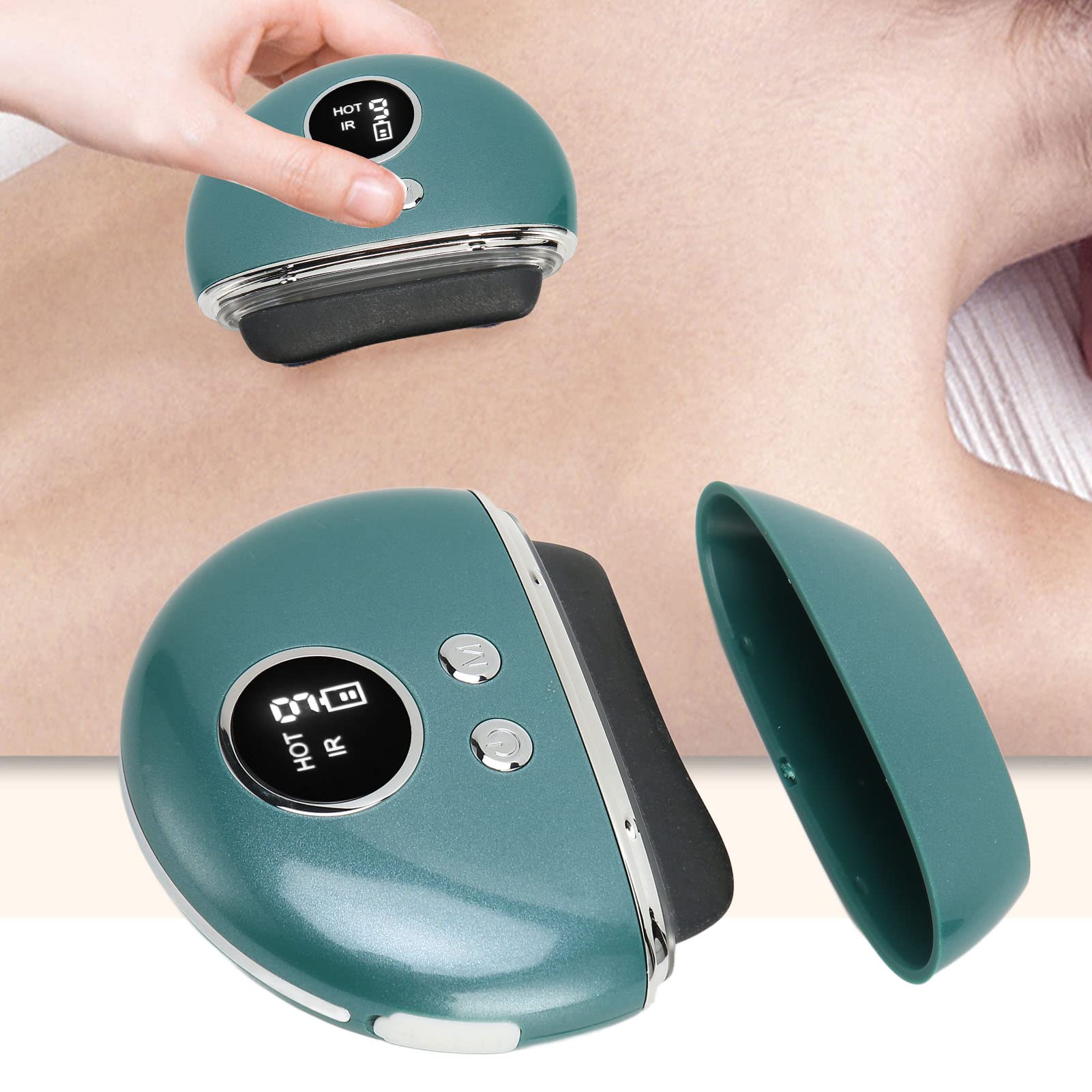 Electric Gua Sha Tool for Face & Body - Heated Bian Stone Massager with Vibration & Color Light Therapy - Green | Skin Tightening, Relaxation & Pain Relief for Home & Spa Use