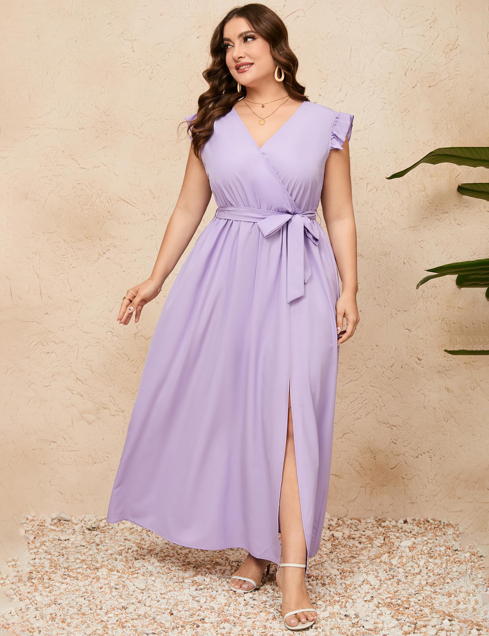 ShopWonder Plus Size Wrap V-Neck Maxi Dress - Women's Sleeveless High Waist Summer Casual Dress with Belt & Side Split | Perfect for Beach Vacations, Date Nights & Summer Parties