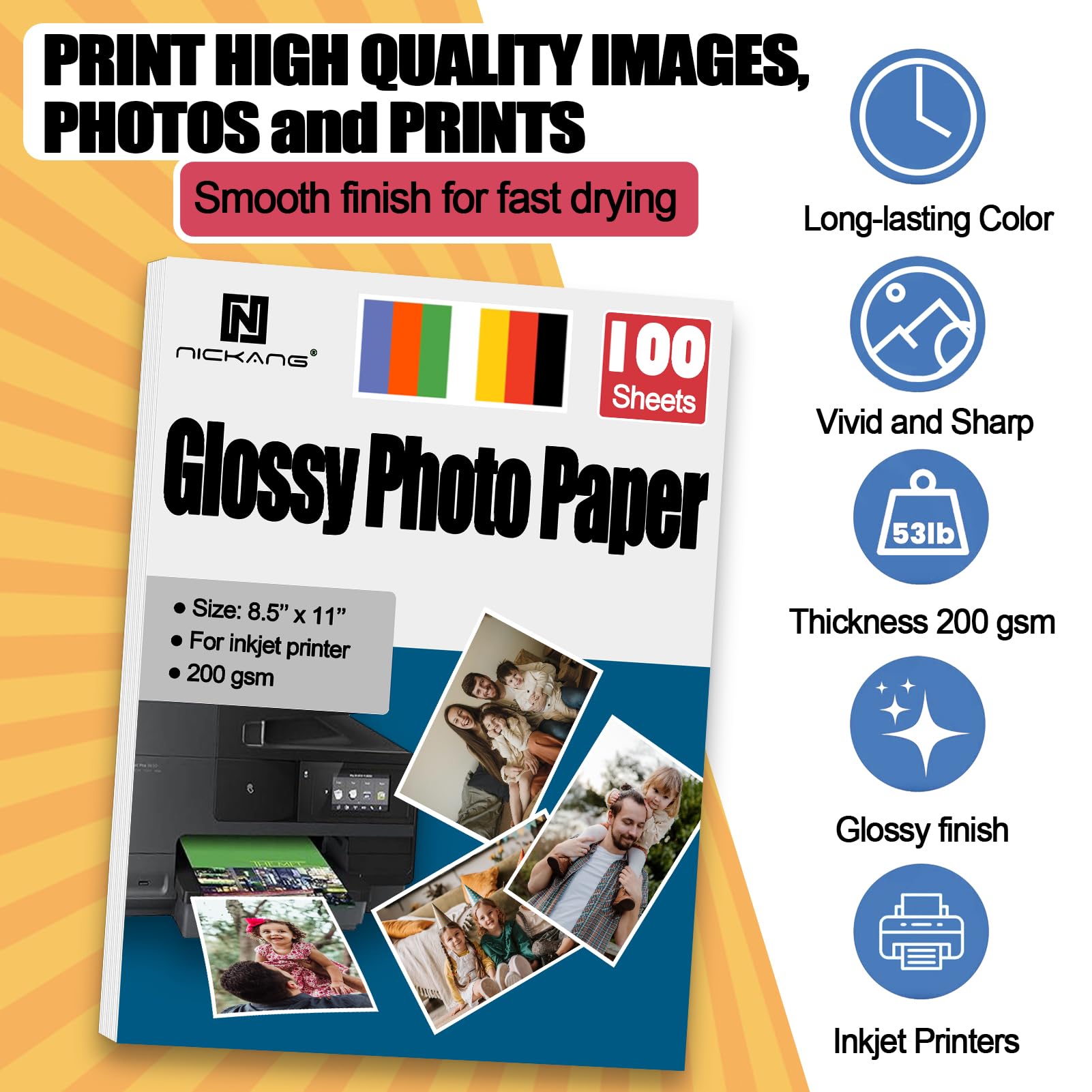 Premium Glossy Photo Paper 8.5x11 Inches - 200 GSM Heavyweight Inkjet Printer Paper - 100 Sheets Bulk Pack - Letter Size Picture Paper for Vibrant Photos (Ideal for Photo Printing, Scrapbooking & Professional Presentations)