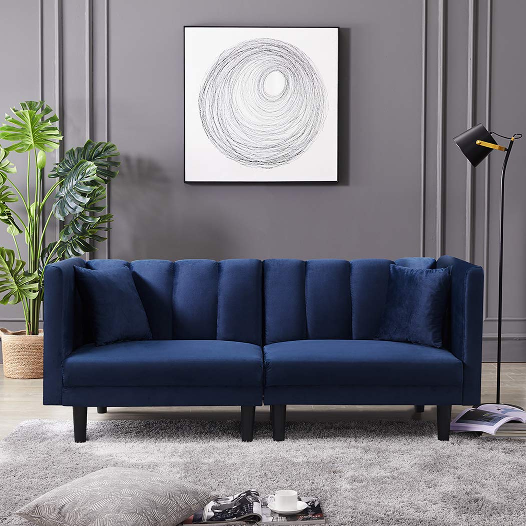 SLEERWAY Velvet Futon Sofa Bed - Modern Convertible Sleeper Sofa with 3 Adjustable Angles & 2 Pillows - Navy Blue Small Loveseat for Living Room, Guest Room & Small Spaces