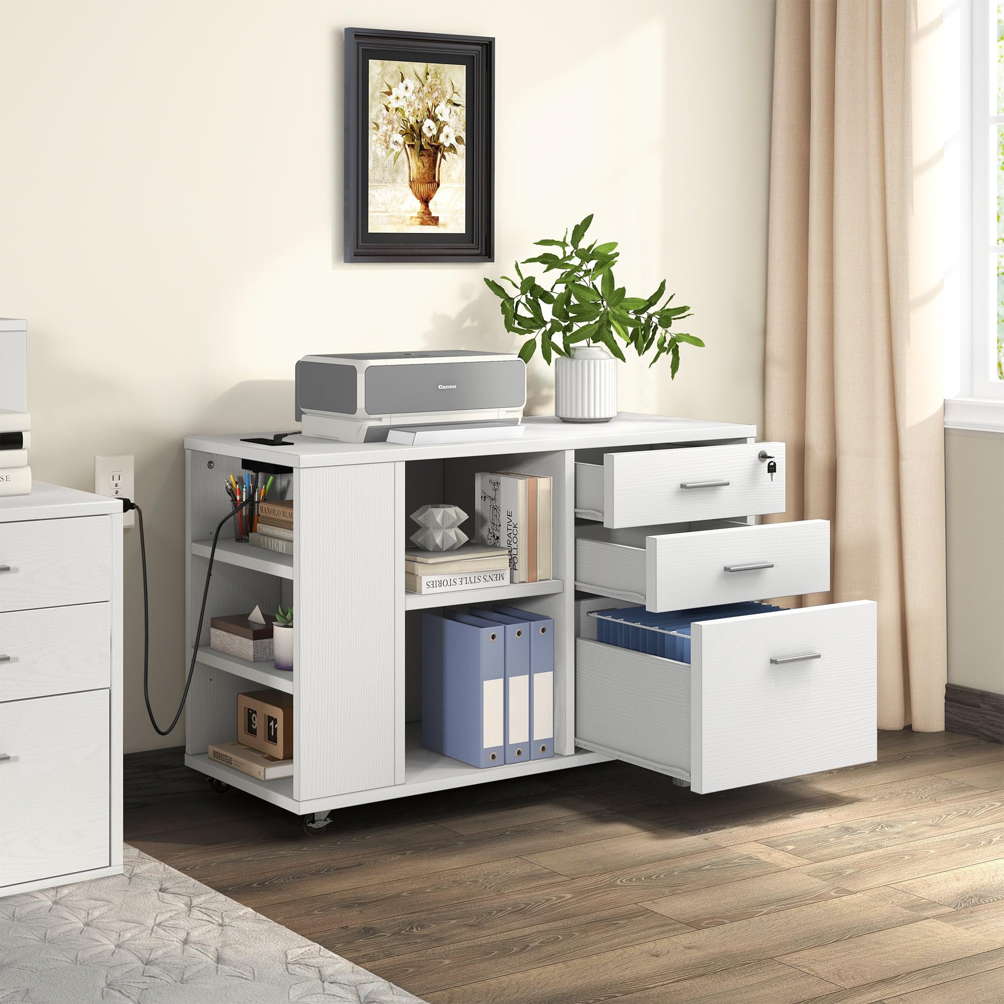DWVO 3-Drawer Mobile File Cabinet with Lock - White Office Storage Organizer, Printer Stand with Charging Station for Home & Workspace - Perfect for Document Filing, Office Supplies Storage & Workspace Organization