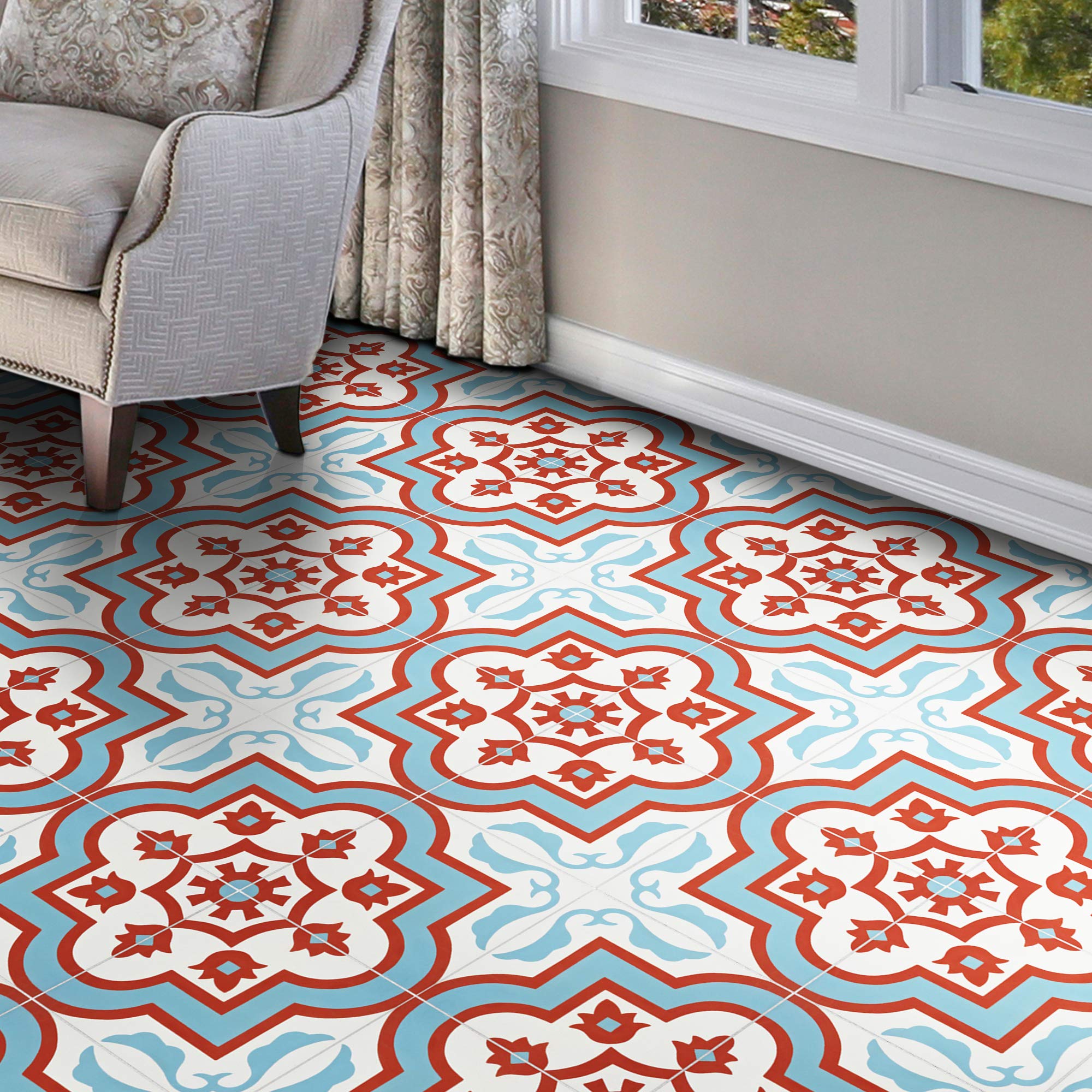 Handmade Moroccan Cement Mosaic Tiles - Pack of 12 (Blue, Red, White) - Authentic Taza Design for Kitchen Backsplash, Bathroom Floor & Wall Decor