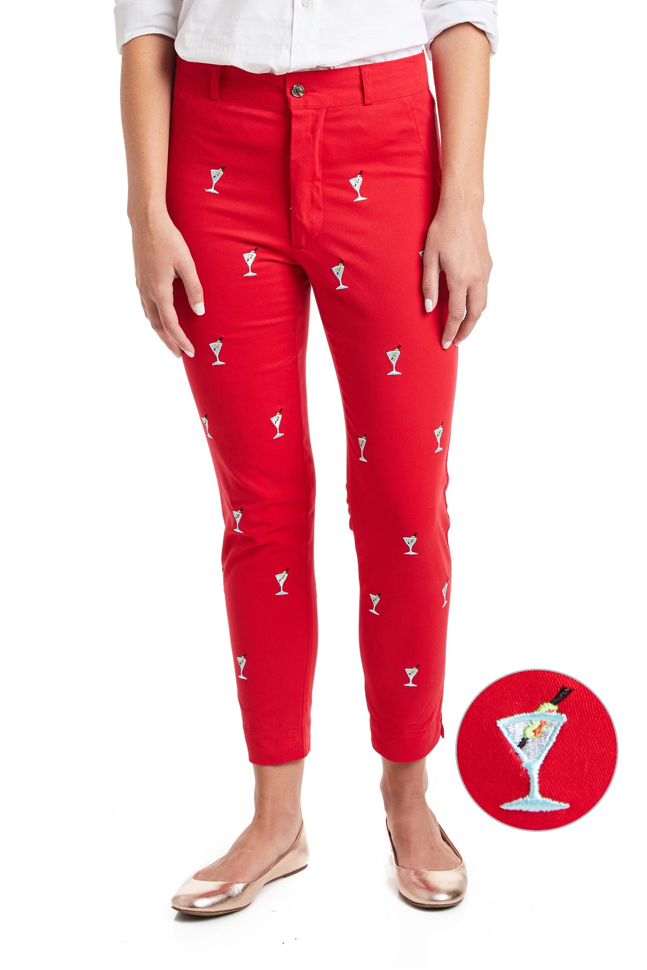 Stretch Twill Ankle Capri Pants in Bright Red with Martini Design - Perfect for Casual Outings, Workwear, and Nightlife Fashion