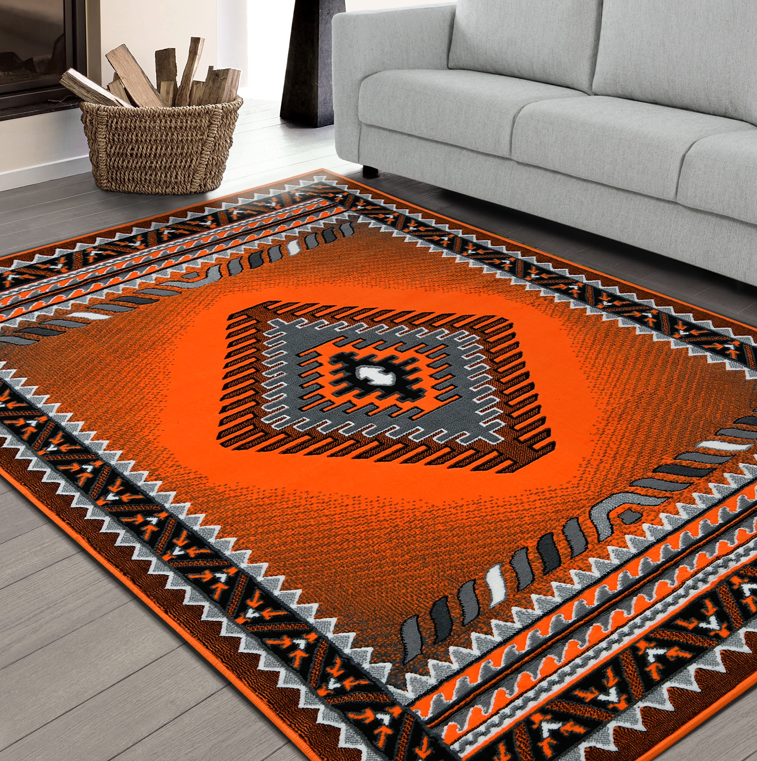 Handmade Southwestern Rugs - Navajo Native American Inspired Modern Faded Area Rugs in Orange, Gray & Black | Boho Chic Floor Covering for Living Room, Bedroom & Office Decor