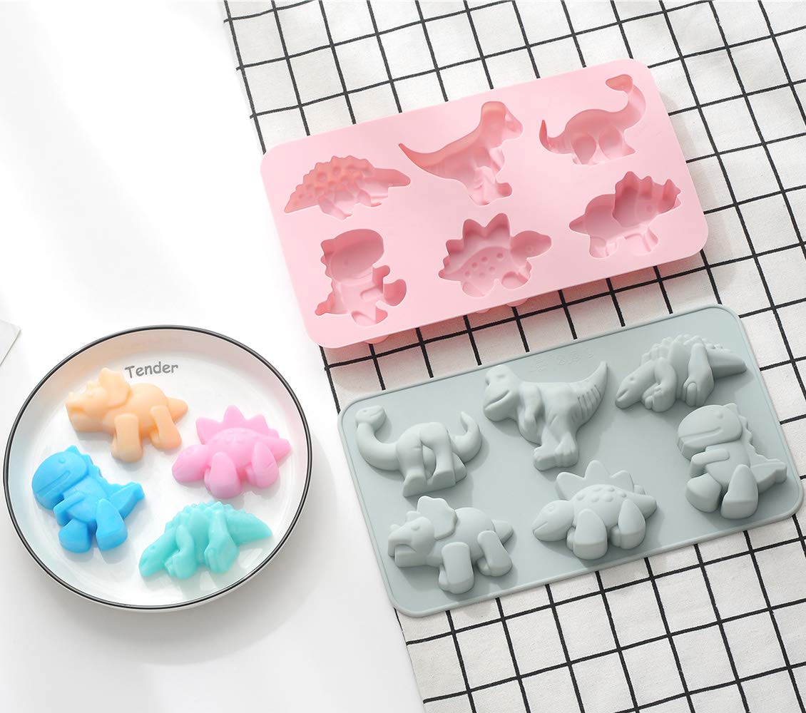 2Pcs Cute Dinosaur Silicone Cake Molds - 6 Grids Different Shapes for Chocolate, Gummy, Fondant & DIY Soap - Baking Decorating Tools for Kids Birthday Parties, Cupcake Decor & Holiday Treats