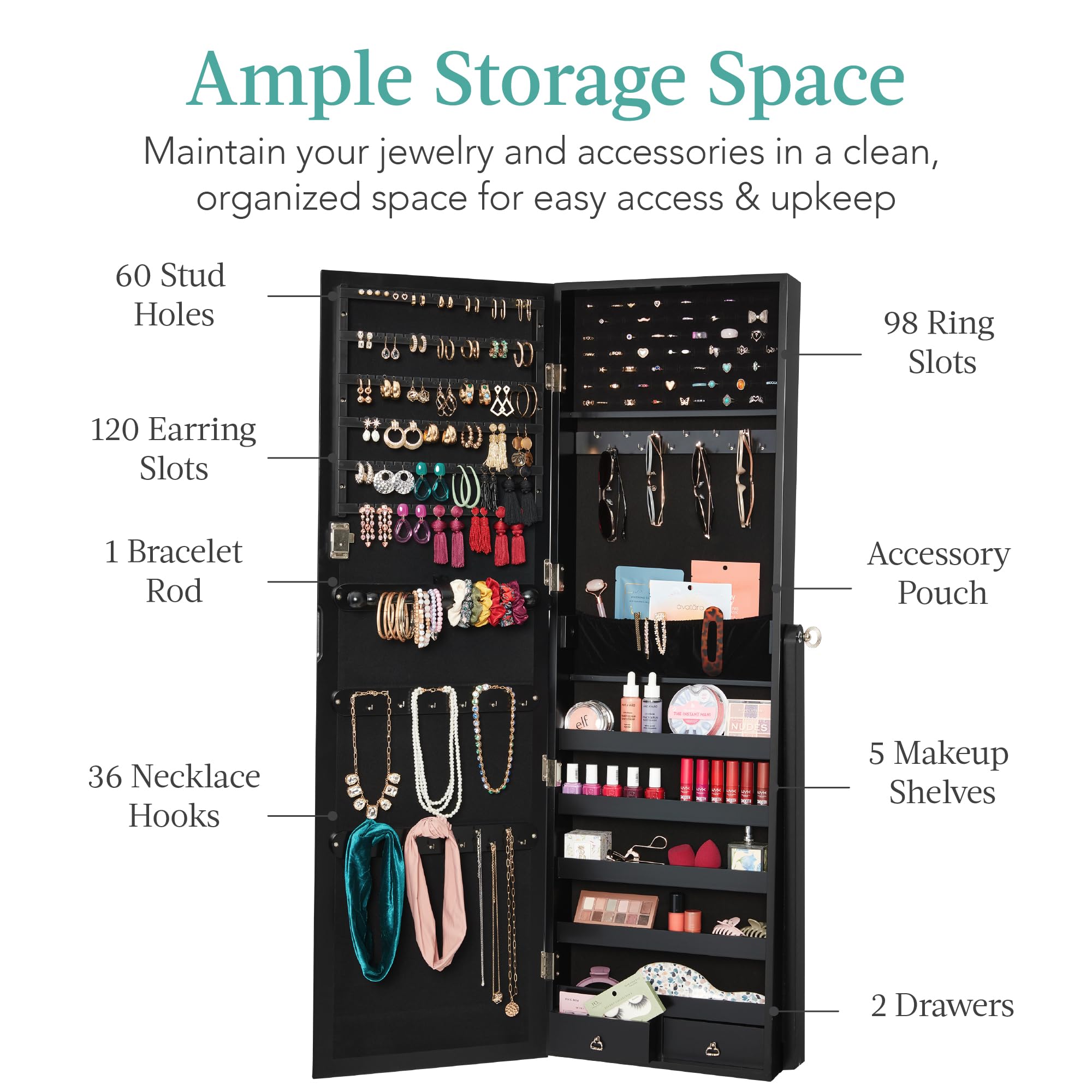 Best Choice Products Freestanding Jewelry Armoire Cabinet with Full Length Mirror - Lockable Makeup Organizer with Velvet Lining, 3 Adjustable Angles, 5 Shelves & Accessory Pouch - Perfect for Bedroom, Closet & Dressing Room Organization (Black)