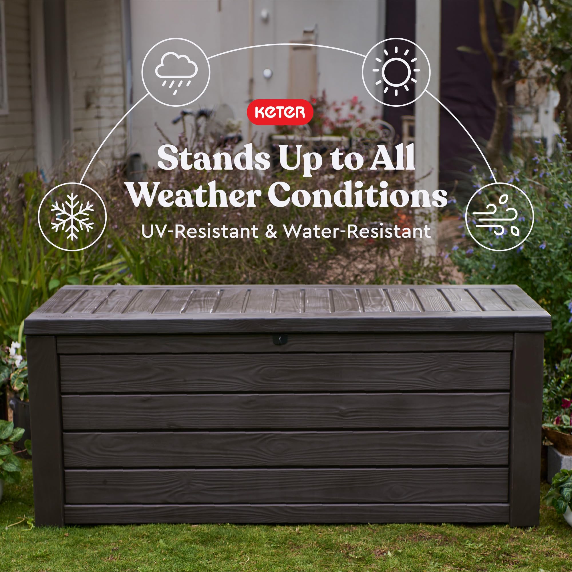 Keter 150 Gallon Outdoor Storage Deck Box with Seat - Wood Grain Brown Resin Patio Bin - Perfect for Backyard, Garden & Poolside Storage