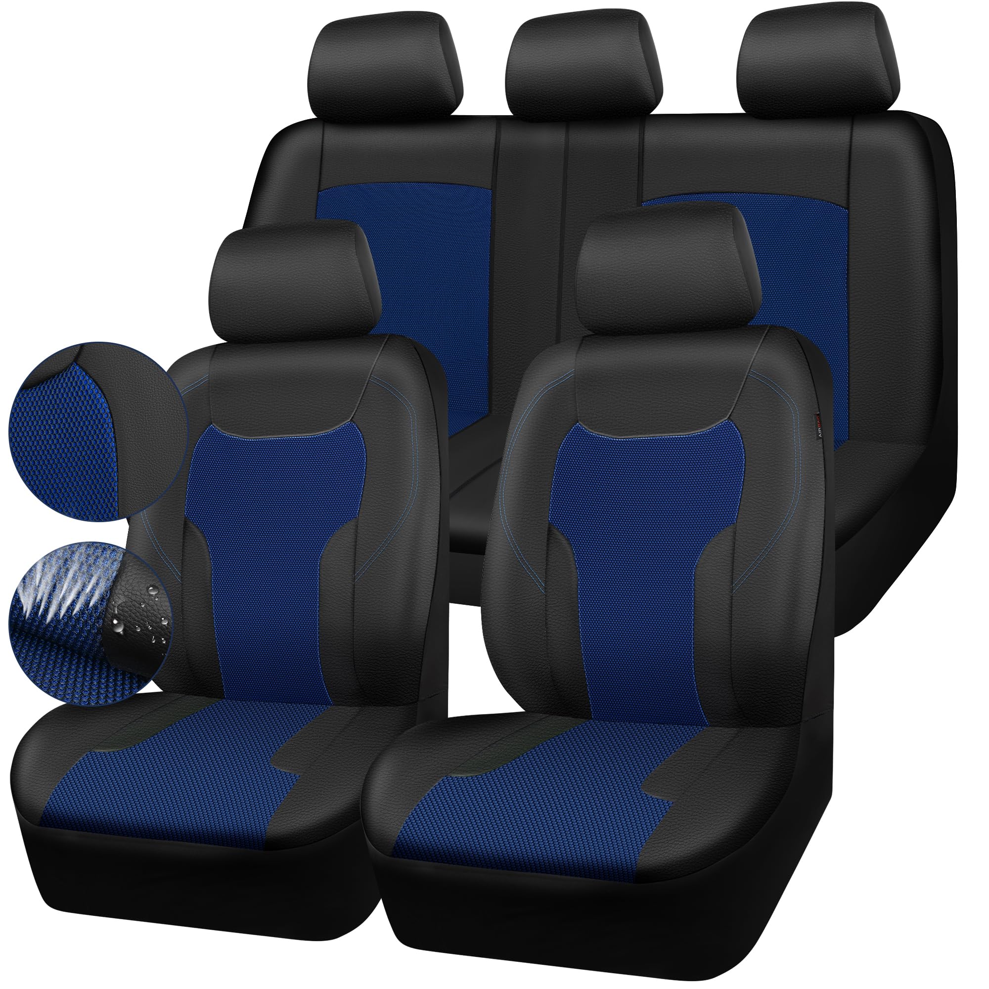 Premium Leather Car Seat Covers Full Set - Airbag Safe & Breathable Air Mesh Design - Universal Fit for Cars, Trucks, SUVs & Sedans (Black/Blue) | Ultimate Interior Protection & Comfort for Daily Commutes & Road Trips