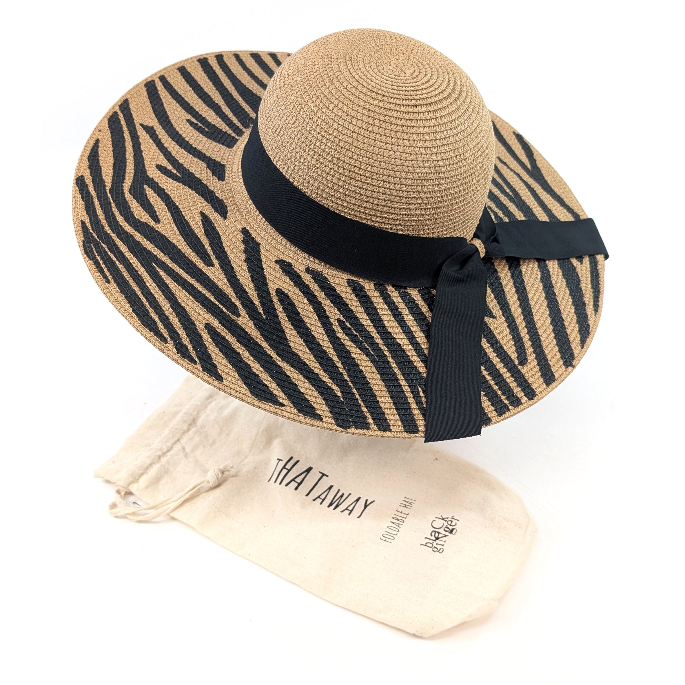 Stylish Zebra Print Wide Brim Foldable Sun Hat (57cm) - Dark Natural/Black - Perfect for Beach, Travel & Outdoor Summer Fashion
