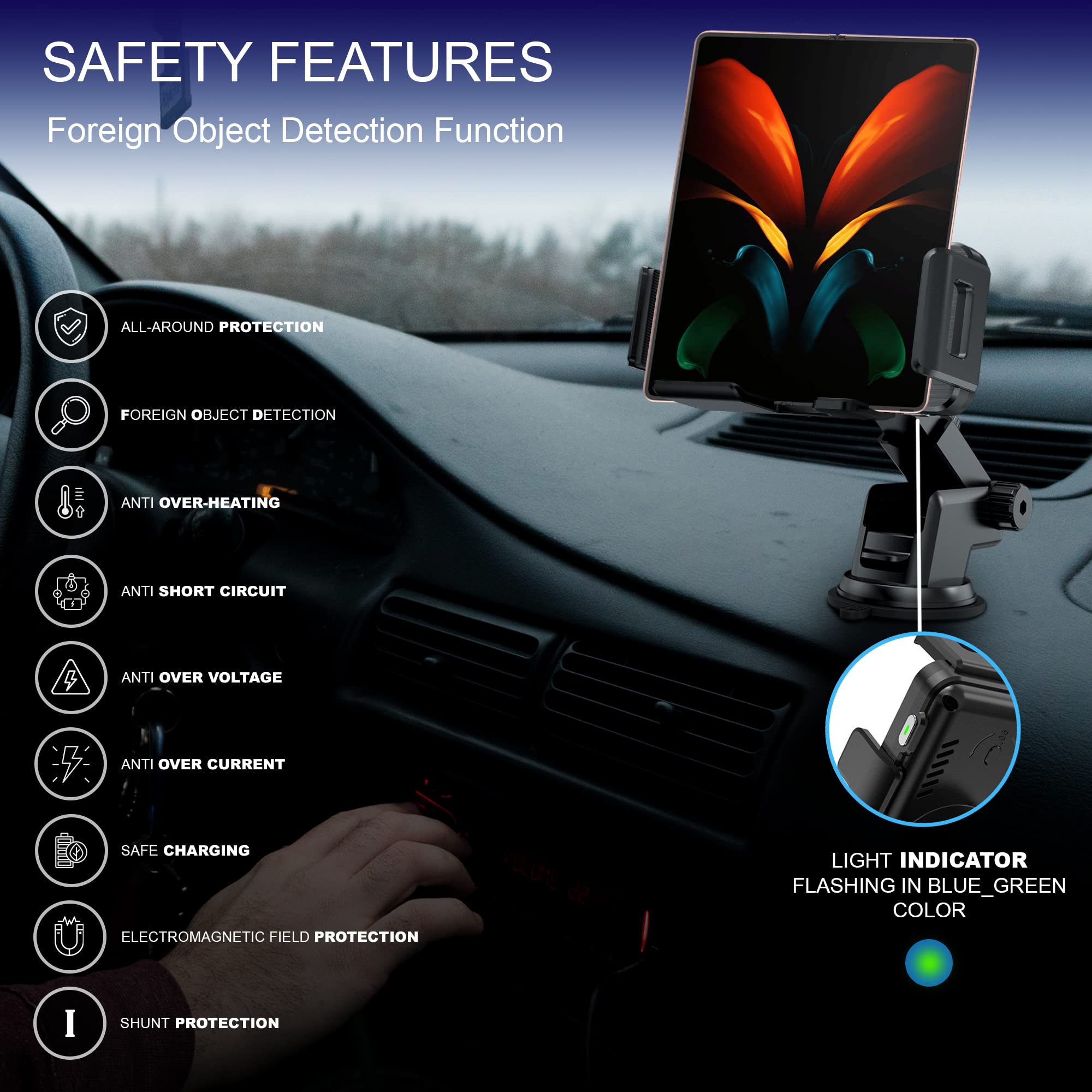 15W Qi Wireless Car Charger Auto-Rotating Dual Coils Fast Charging - Universal Phone Mount Holder for Samsung Galaxy Z Fold 6/5/S24/S23, iPhone 16/15/14 Pro Max, Google Pixel 8/7 Pro - Perfect for Commuting, Road Trips & Hands-Free Driving (L)