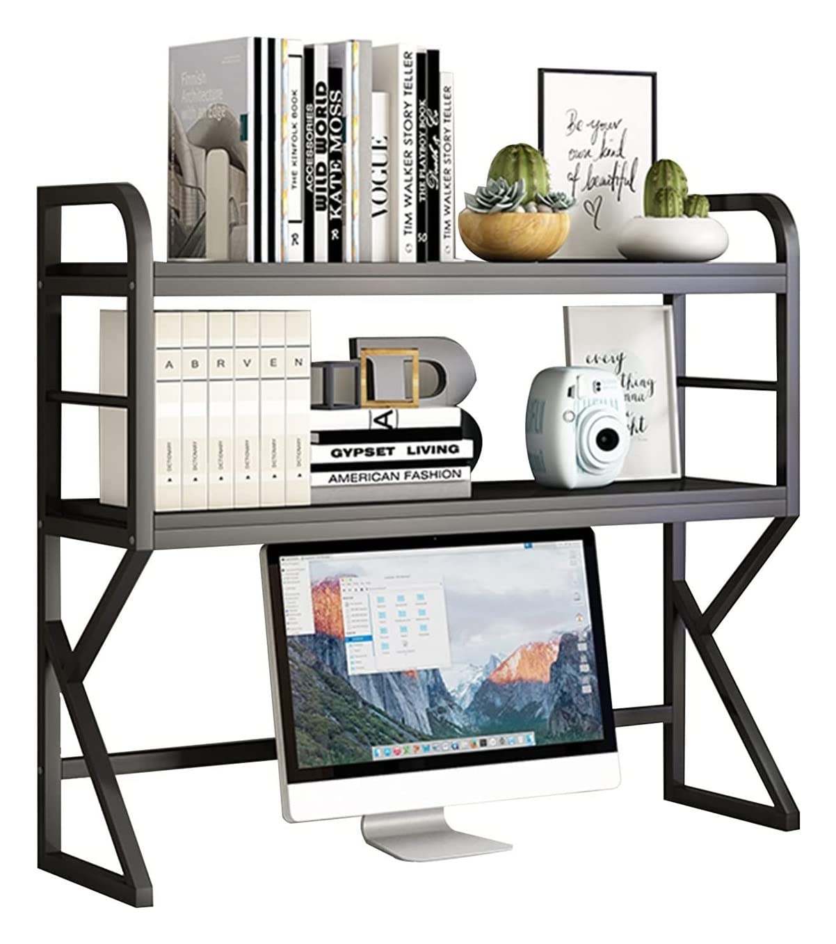 Metal & Wood Desktop Bookshelf Organizer - Desk Storage Display Rack for Office Supplies, Books & Home Decor | Compact Tabletop/Countertop Shelf for Computer Desk, Kitchen & Workspace Organization