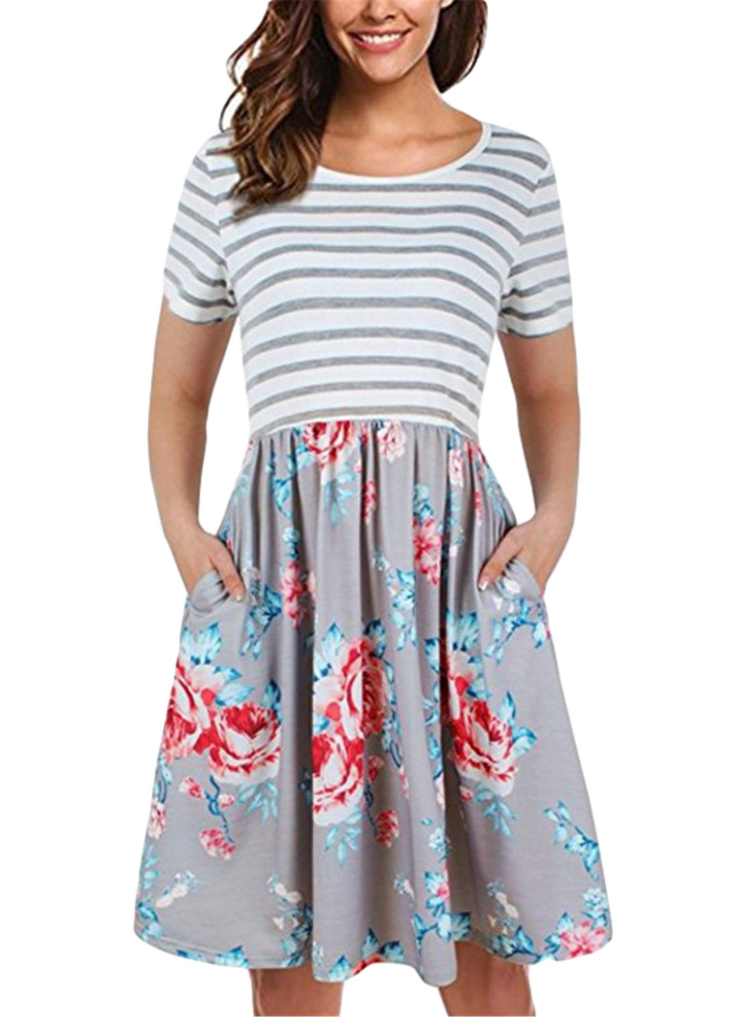 Andongnywell Women's Floral Striped Short Sleeve Swing Dress with Pockets - Casual Summer Scoop Neck Patchwork Dress for Beach, Vacation & Everyday Wear