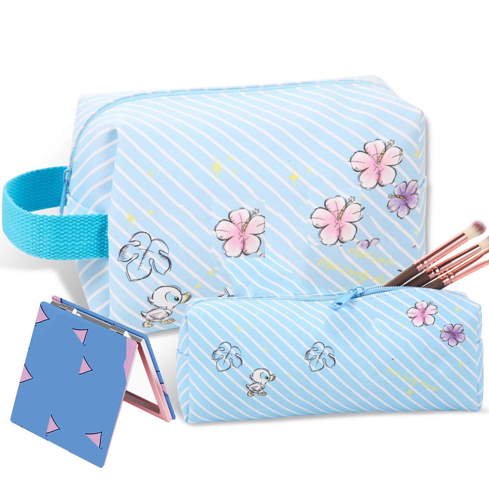 Premium Travel Cosmetic Bag with Double-Sided Mirror & Makeup Brush Pouch - Large Capacity PU Leather Toiletry Organizer for Women | Perfect Gift for Her, Girls, Teens | Ideal for Travel, Gym, Vacation & Daily Makeup Storage (Blue)