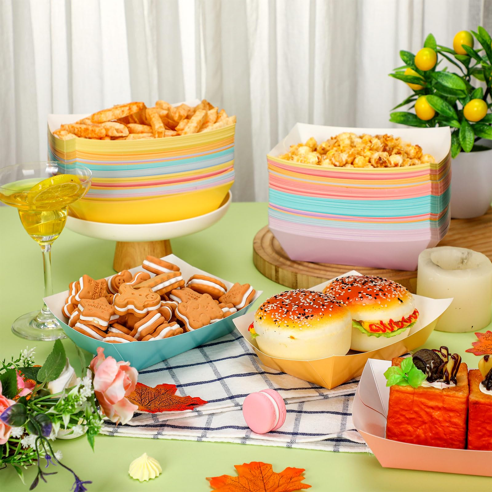 Lallisa 120 Pcs 3Lb Colorful Disposable Paper Food Trays - Grease Resistant Nacho, Hot Dog & Ice Cream Serving Boats - Pastel Party Supplies for BBQ, Picnic, Summer Snacks & French Fries (Ideal for Outdoor Events, Birthday Parties & Food Truck Service)