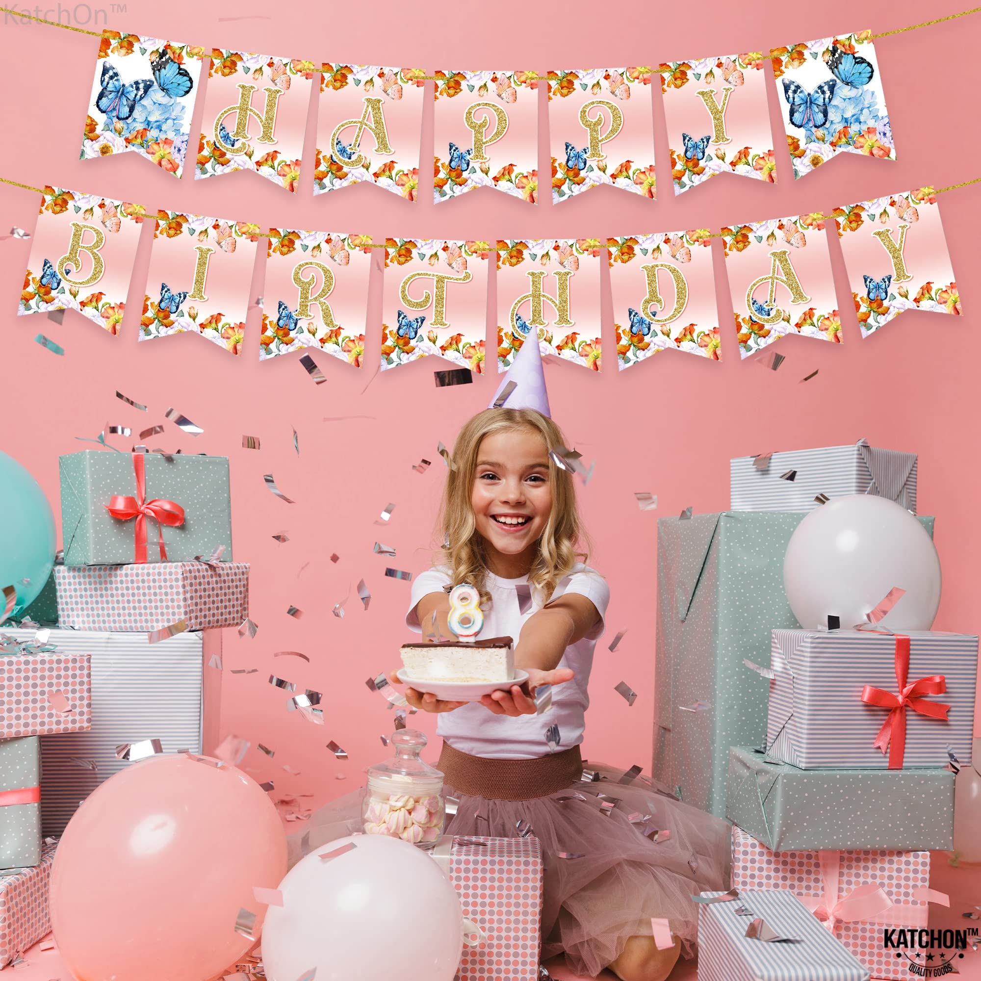 KatchOn Large Butterfly Happy Birthday Banner - Ready to Hang | Fairy & Butterfly Themed Birthday Party Decorations | Perfect for Indoor & Outdoor Birthday Celebrations, Baby Showers, and Fairy Garden Parties