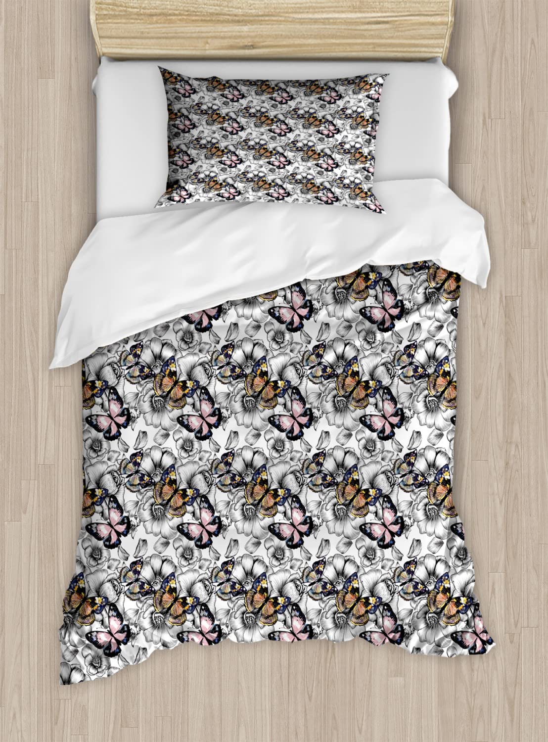 Ambesonne Butterfly Duvet Cover Set - Monochrome Floral Design with Colorful Summer Flowers & Butterflies - 2-Piece Twin Size Bedding Set (2 Duvet Covers & 2 Pillowcases) in Pale Pink, Orange & Black - Perfect for Kids' Rooms, Guest Bedrooms & Summer Home Decor
