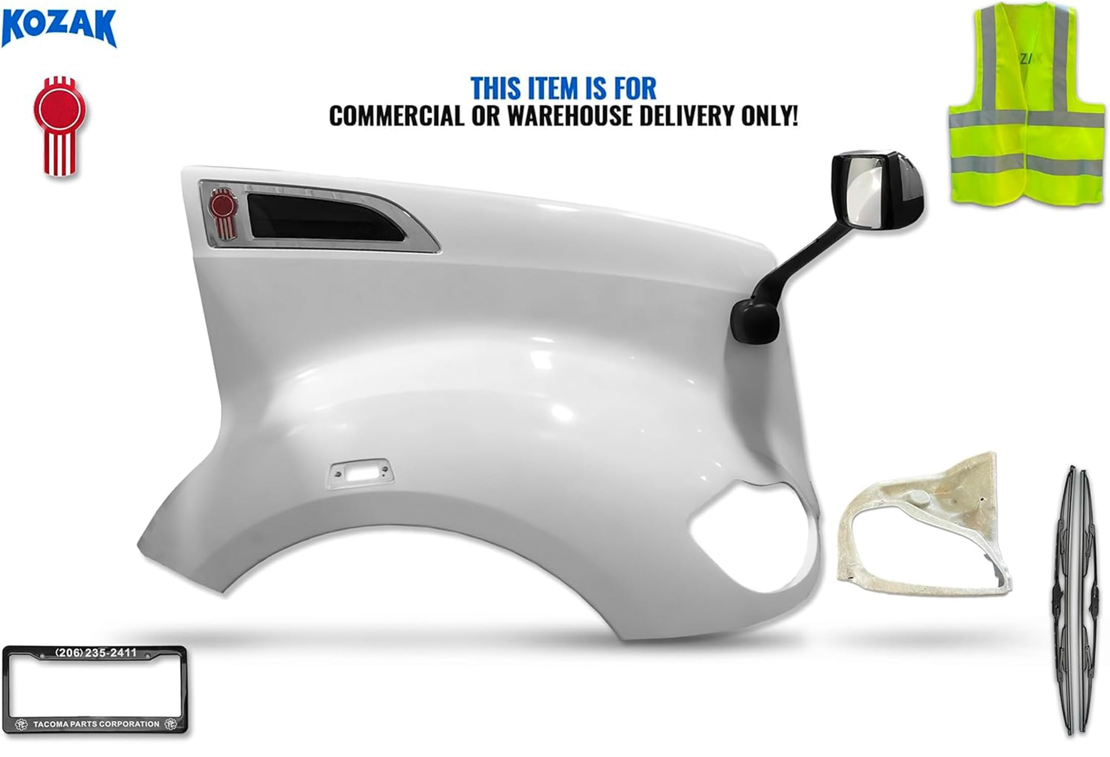 KOZAK Long Service Hood Fender (Passenger Right Side) with Corner Frame Headlight, Air Intake & Chrome Hood Mirrors - Compatible with Kenworth T680 2012-2021 Models | Includes Logo, Wipers, License Plate Frame & Vest | Perfect for Truck Maintenance, Replacement Parts & Custom Upgrades