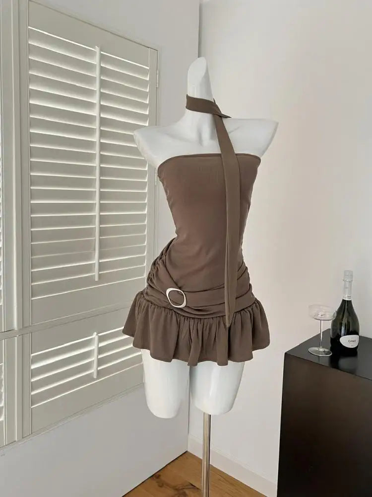 Elegant Black Pleated A-Line Short Dress for Women - Sexy Off Shoulder Ruffled Edge Strapless Club Dress - Summer Sleeveless Brown Mini Dress | Perfect for Night Out, Party, Date Night and Special Occasions