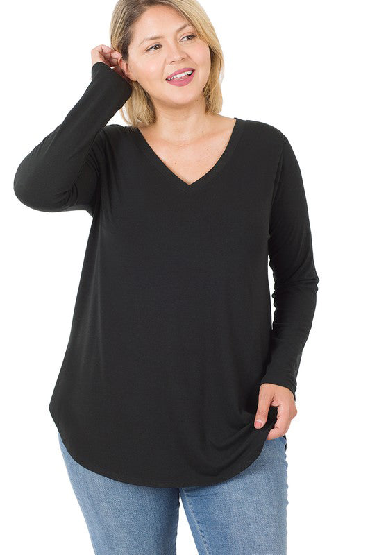 Plus Size Long Sleeve V-Neck Scoop Front & Back Tops for Women - Casual & Layering Outfits for Work, Date Night & Everyday Wear