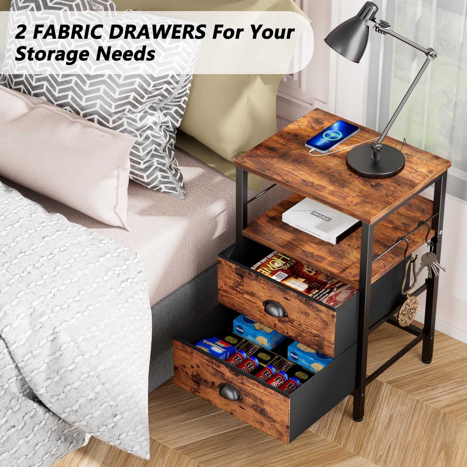 Furologee Nightstand Set of 2 - Rustic Brown Bedside Tables with Charging Station, USB Ports, 2 Fabric Drawers & Storage Shelf - Perfect for Bedroom, Living Room, or Guest Room - Ideal for Organizing Books, Lamps, and Charging Devices