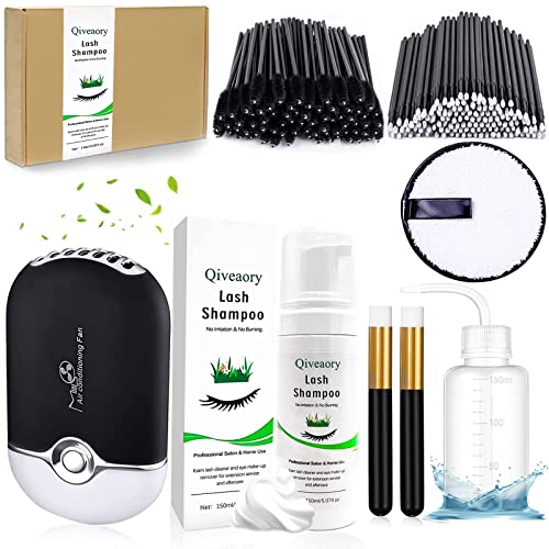 150ml/5.07oz Eyelash Extension Cleanser & Lash Shampoo Kit with Mini USB Fan, Mascara Brush & Reusable Makeup Pads - Gentle Cleaning Solution for Lash Extensions, Perfect for Salon Professionals & Home Use