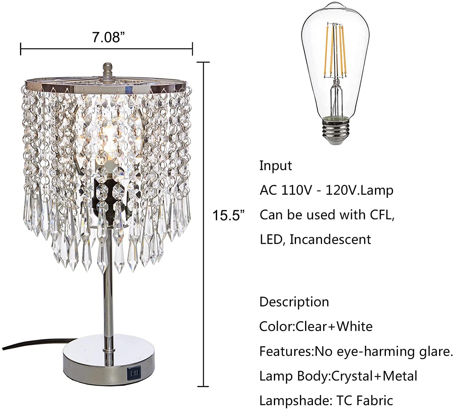 Crystal Table Lamp with Touch Control & Dual USB Ports - 3-Way Dimmable Silver Nightstand Lamp for Bedroom, Living Room, Office - Perfect for Reading, Decor & Charging Devices