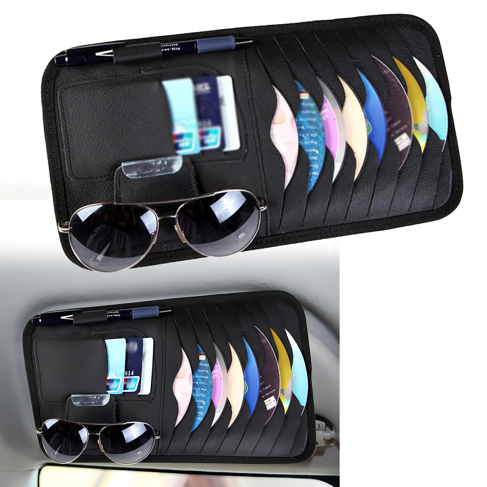1 PC Universal Car Sun Visor Organizer - Leather Multi-Pocket Storage for Sunglasses, Cards, Pens & CDs - Large Capacity Non-Destructive Installation Sun Visor Accessory (Black) | Perfect for Road Trips, Commuting & Car Organization