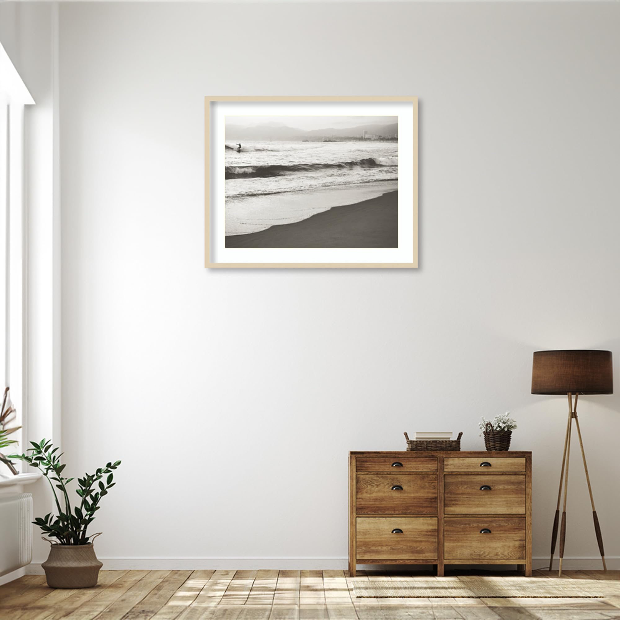Amanti Art Framed Wall Art Print - 33x41 Black & White Surfer No.1 by Myan Soffia | Beach Themed Decor | Large Poster Painting for Living Room, Bedroom, Office | Coastal Home & Surf Lover Gift Idea