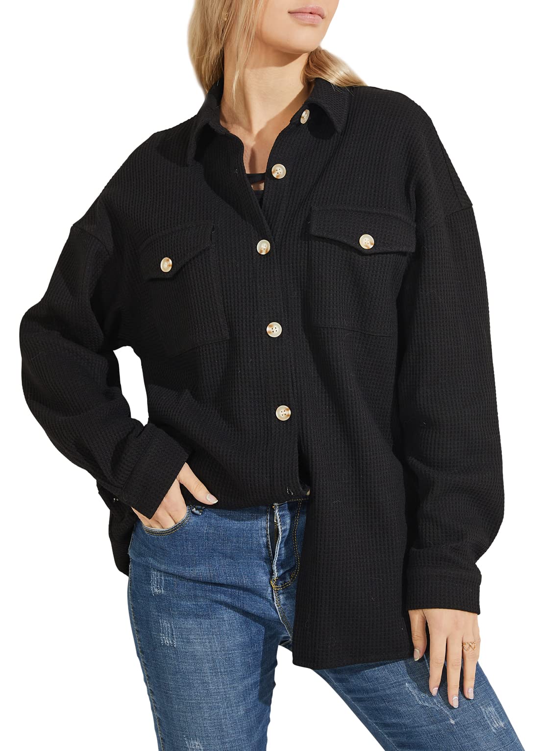 Women's Loose Fit Batwing Sleeve Waffle Knit Button Down Shirt Shacket - Casual Oversized Long Sleeve Top for Fall & Winter Layering, Workwear & Street Style Outfits